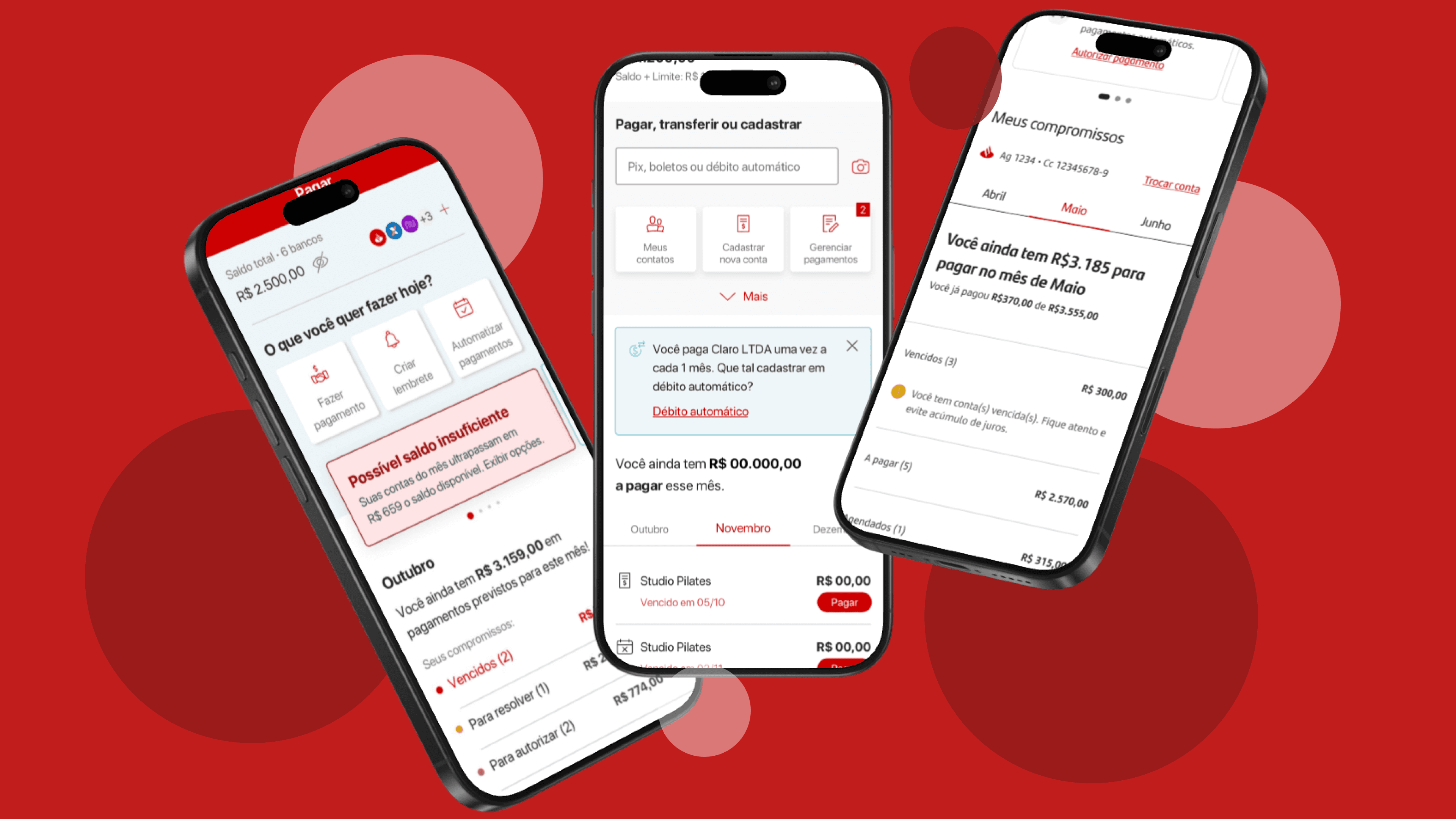 mockup of three cell phones with the UX/UI proposal for the payments area