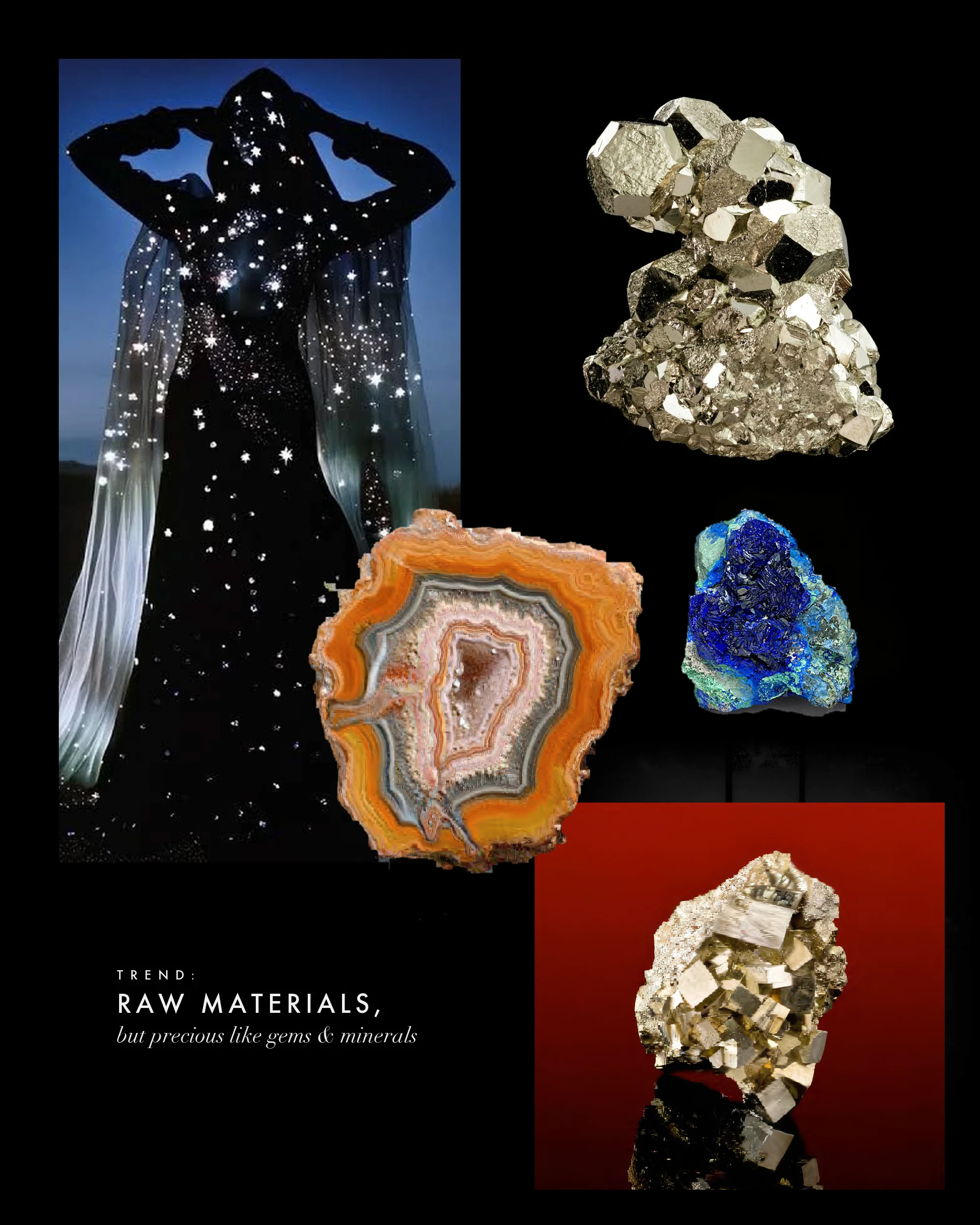 Moodboard titled “Raw materials, but precious like gems & minerals”: a figure in a starry dress beside pyrite, agate and blue mineral samples on black