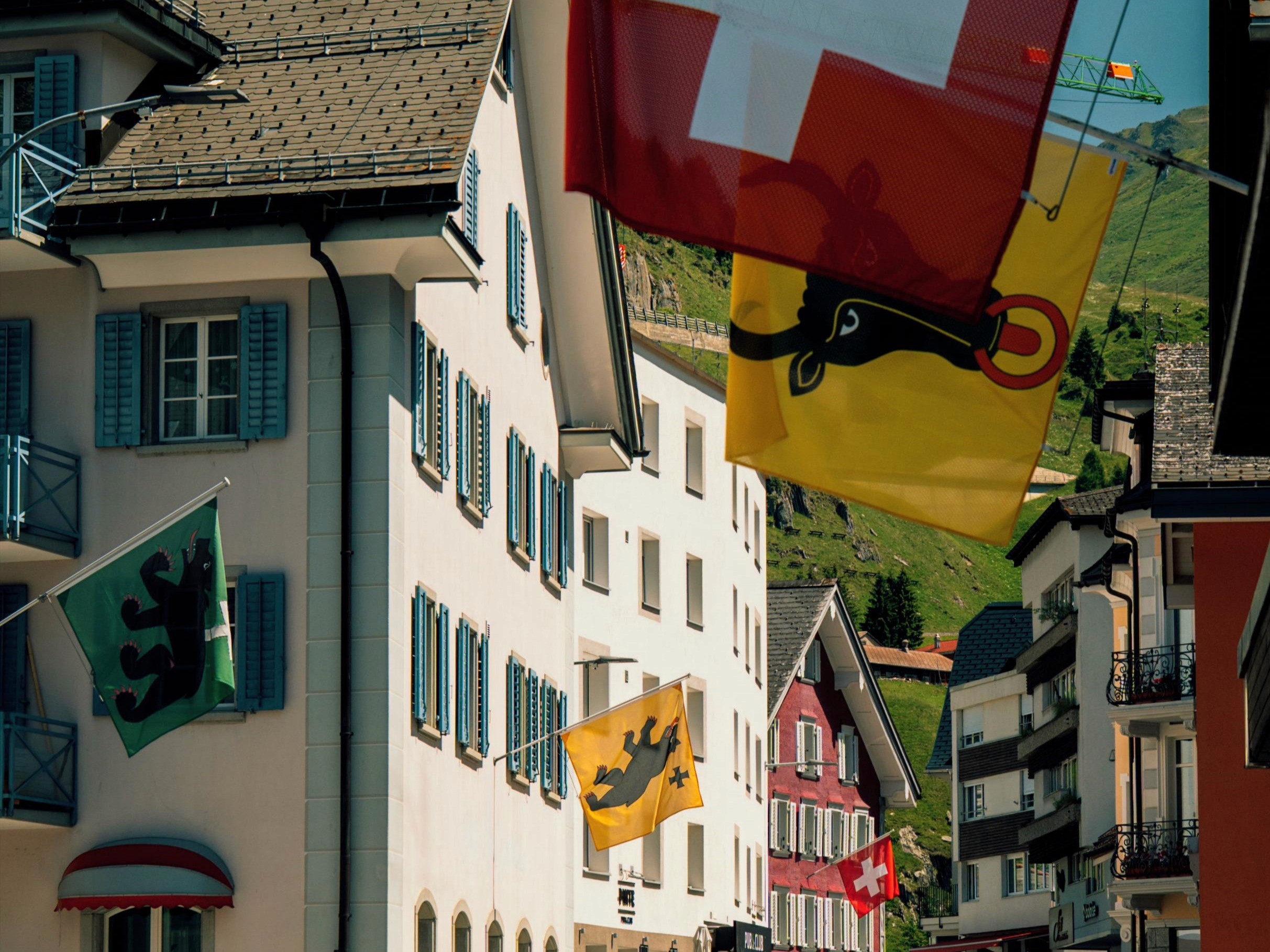 Andermat old town with various colourful flags flying