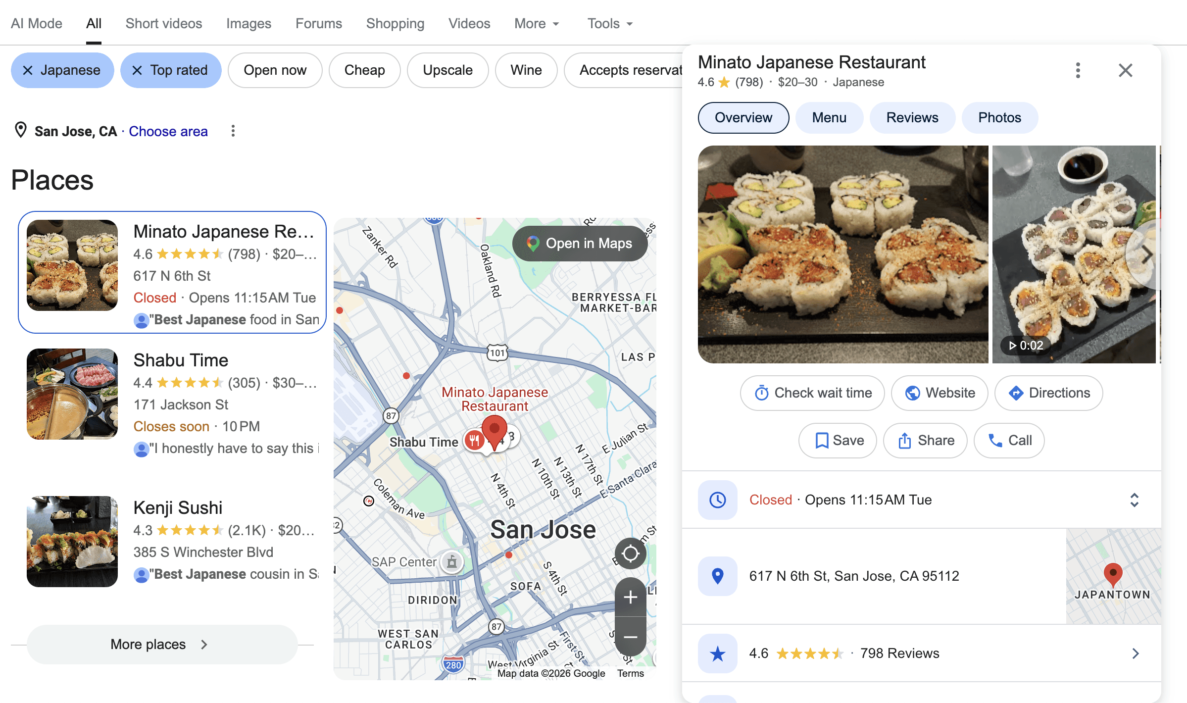 Google Map Pack example for restaurants