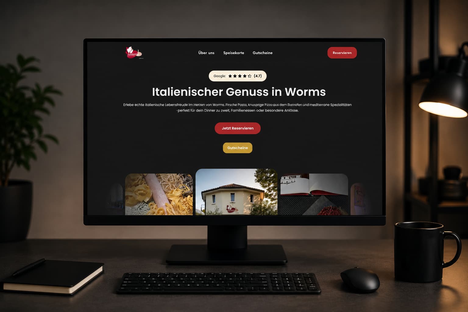 Website Entwurf für ein italienisches Restaurant auf einem Monitor mit der Überschrift „Italienischer Genuss in Worms“. Das Bild zeigt modernes Webdesign, Restaurant Marketing und digitale Präsentation für Gastronomie.