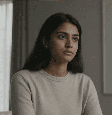 A smiling person with curly hair sits at a desk, looking at a laptop against a dark background.