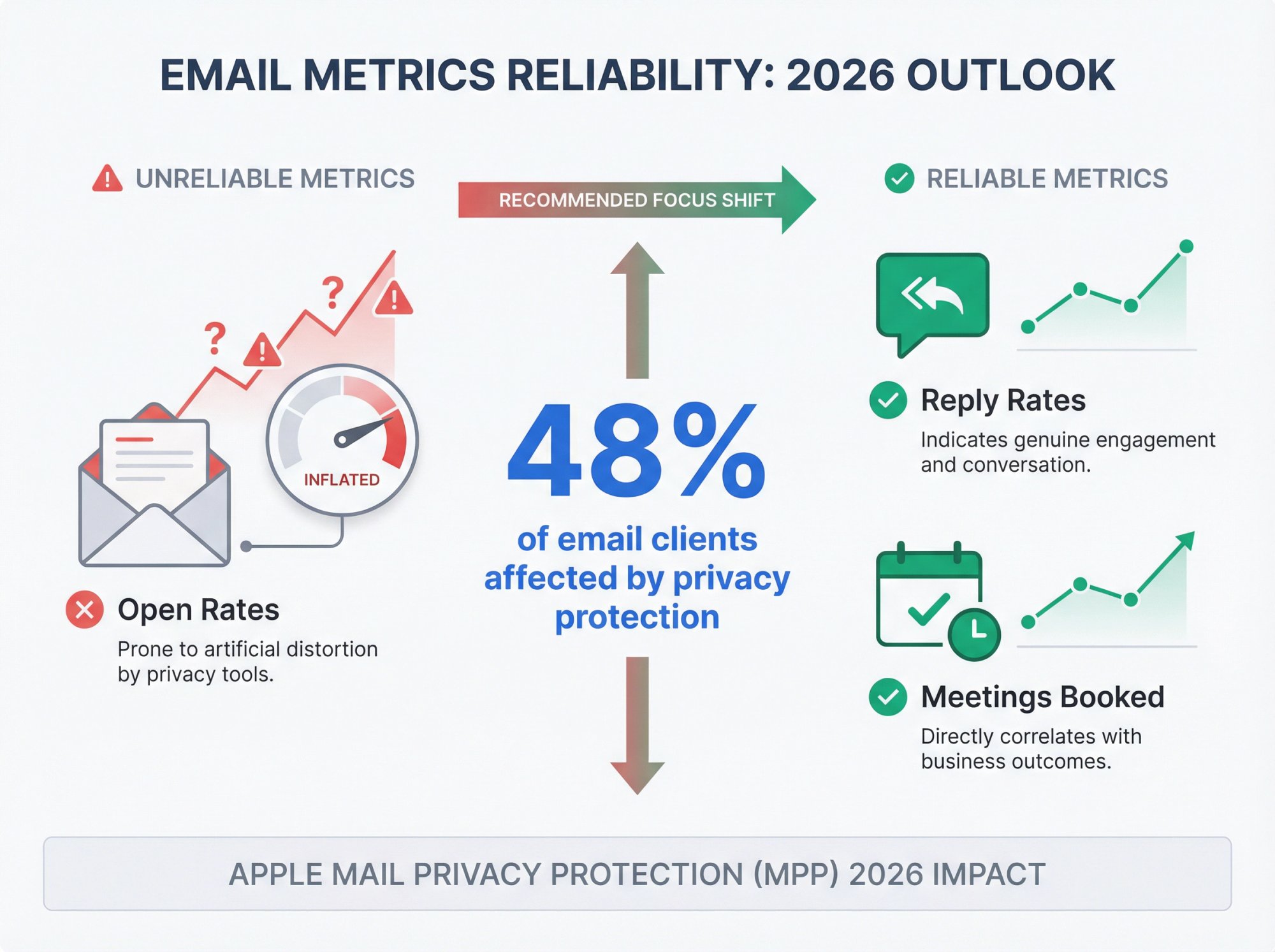 Data visualization showing Apple Mail Privacy Protection affecting 48% of email clients with comparison of unreliable open rates versus reliable reply metrics