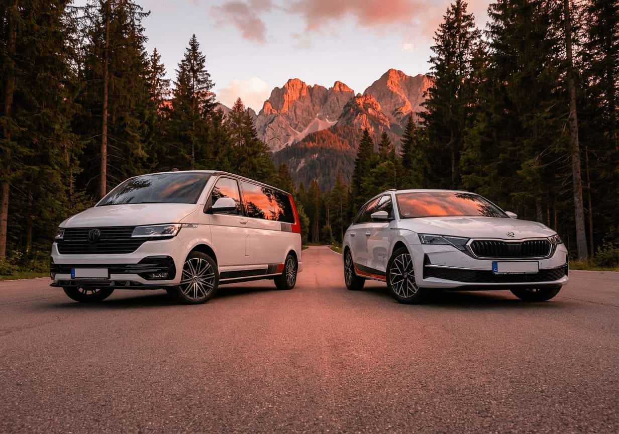 Ein weißer Kleinbus und ein Pkw fahren bei Sonnenuntergang auf einer Straße mit Bergen im Hintergrund. Bäume säumen die Straße.