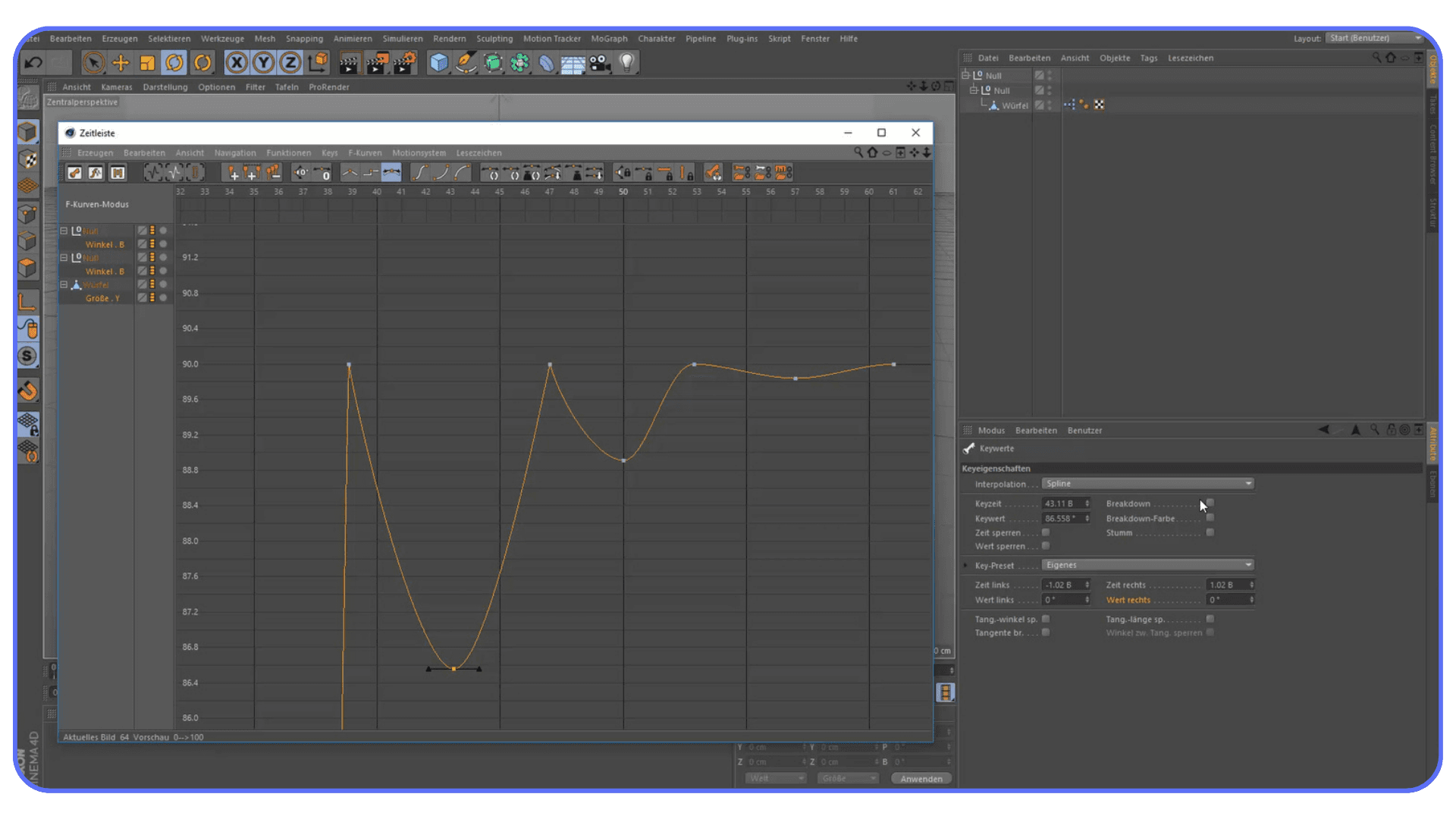 Cinema 4D F-Curve editor displaying animation curves and keyframe controls