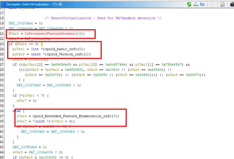 Ghidra-Dekompilierung von DetectVirtualization in TV.dll: IsProcessorFeaturePresent(10), CPUID-Abfragen 0, 1 und 7 sowie Prüfung auf den Hersteller-String GenuineIntel und bekannte Intel-CPU-Signaturen.