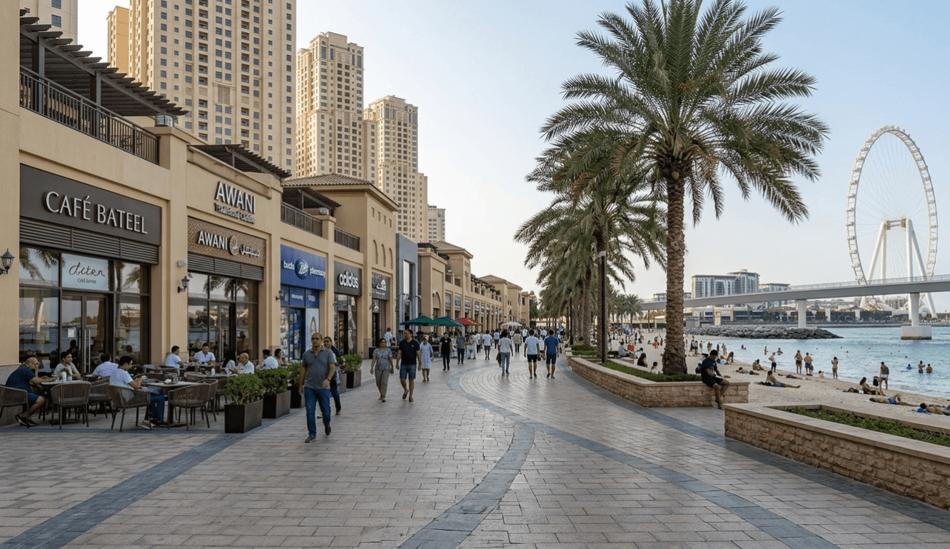 Pedestrian promenade, beachfront cafés, and Dubai Tram connectivity along JBR Walk Dubai.&nbsp;