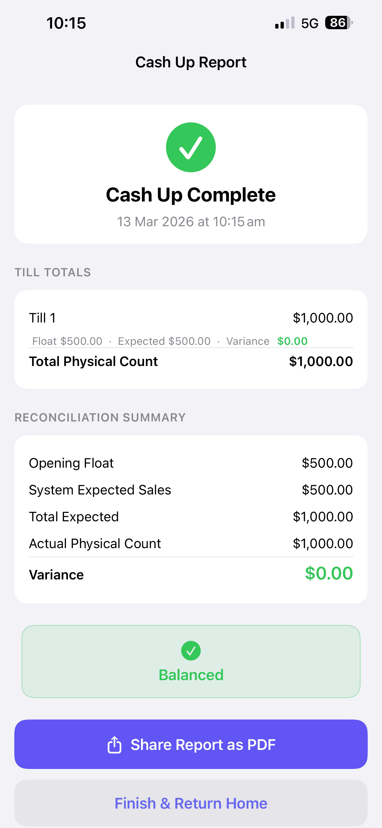 Cash up report with 3 tills including the till float, the til expected, the actual count and the variances between the 3 tills. Below the tills counts is a total physical count that results in a balanced till.