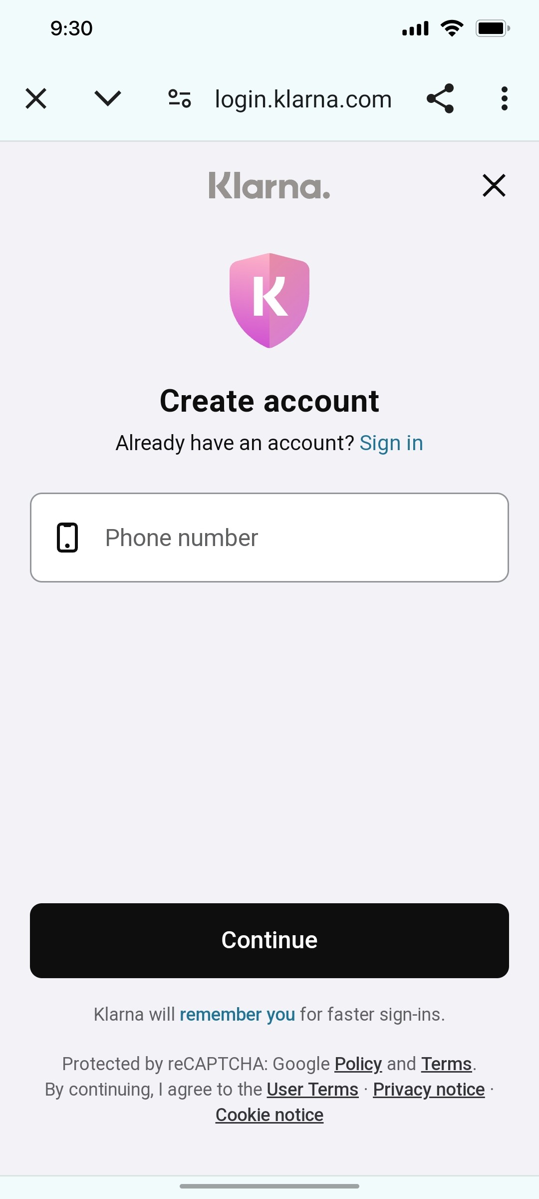 Klarna Enter Mobile Number Screen