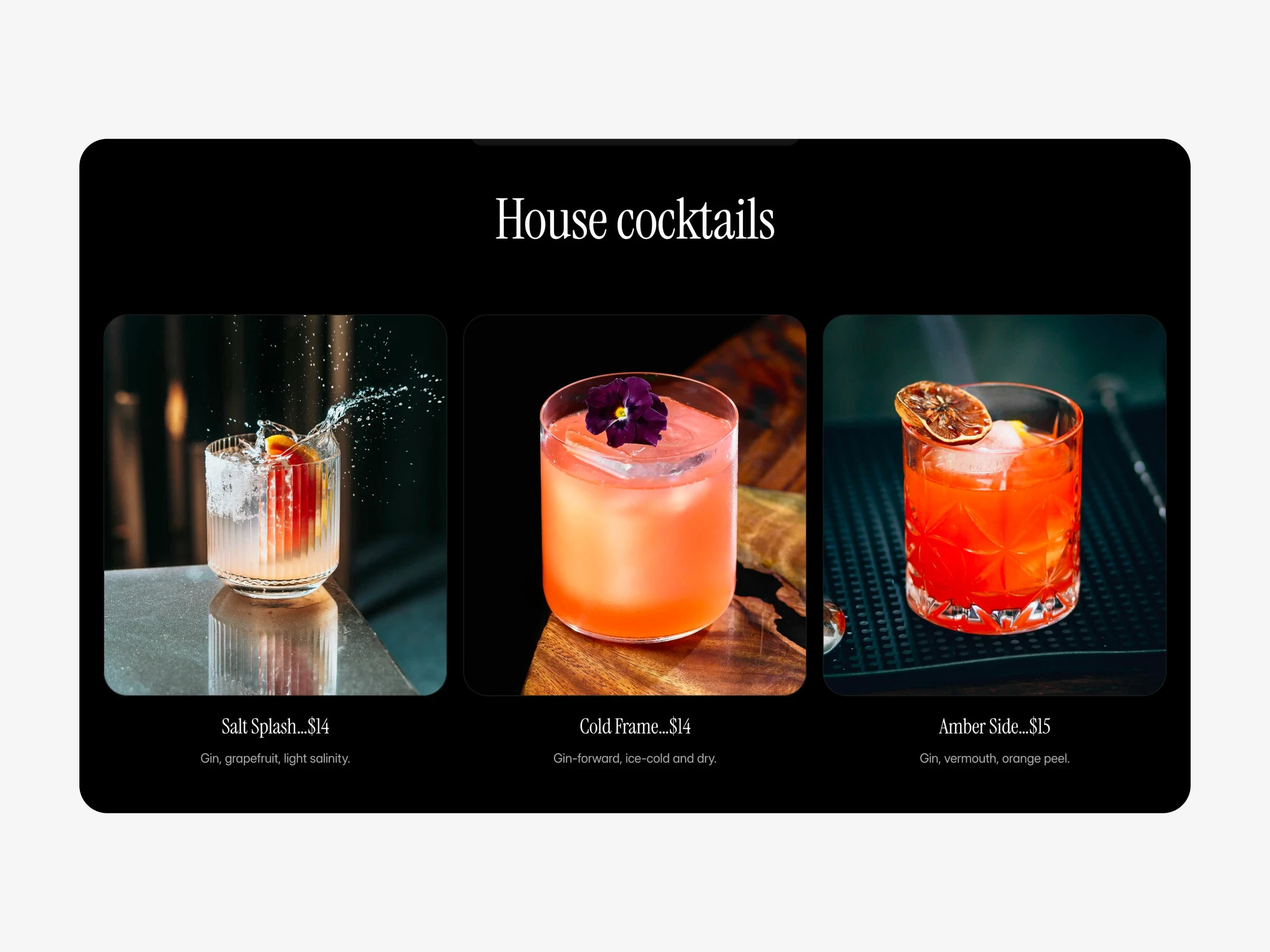 House cocktails section with three signature drinks, presented in a restaurant website template.
