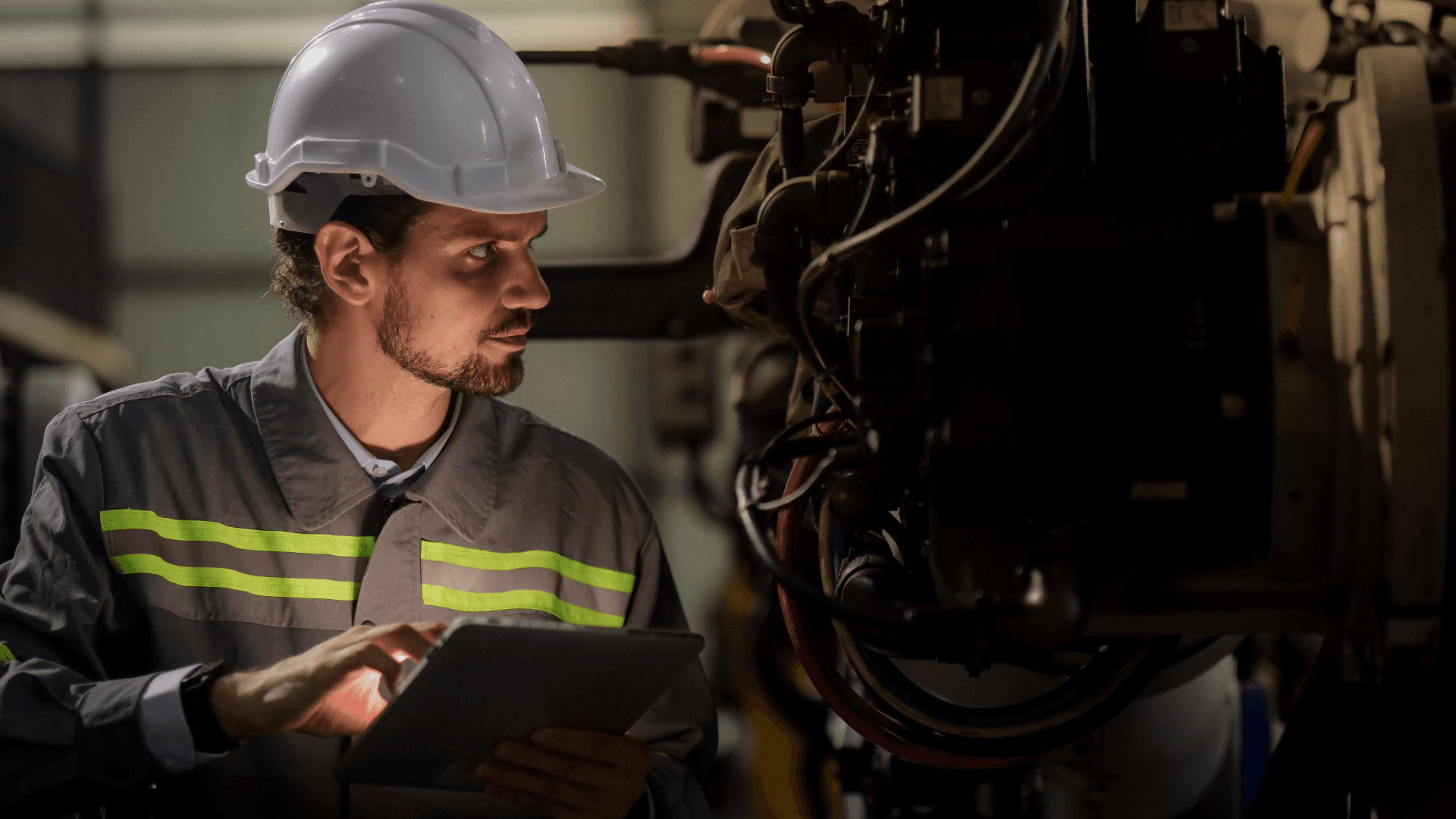 Facilities maintenance engineer using a digital tablet to inspect and diagnose machinery as part of planned preventative maintenance.