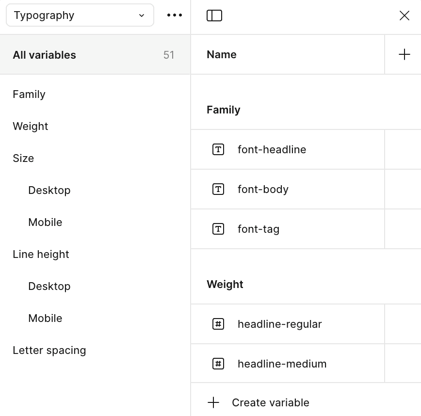 A UI displaying typography settings. 