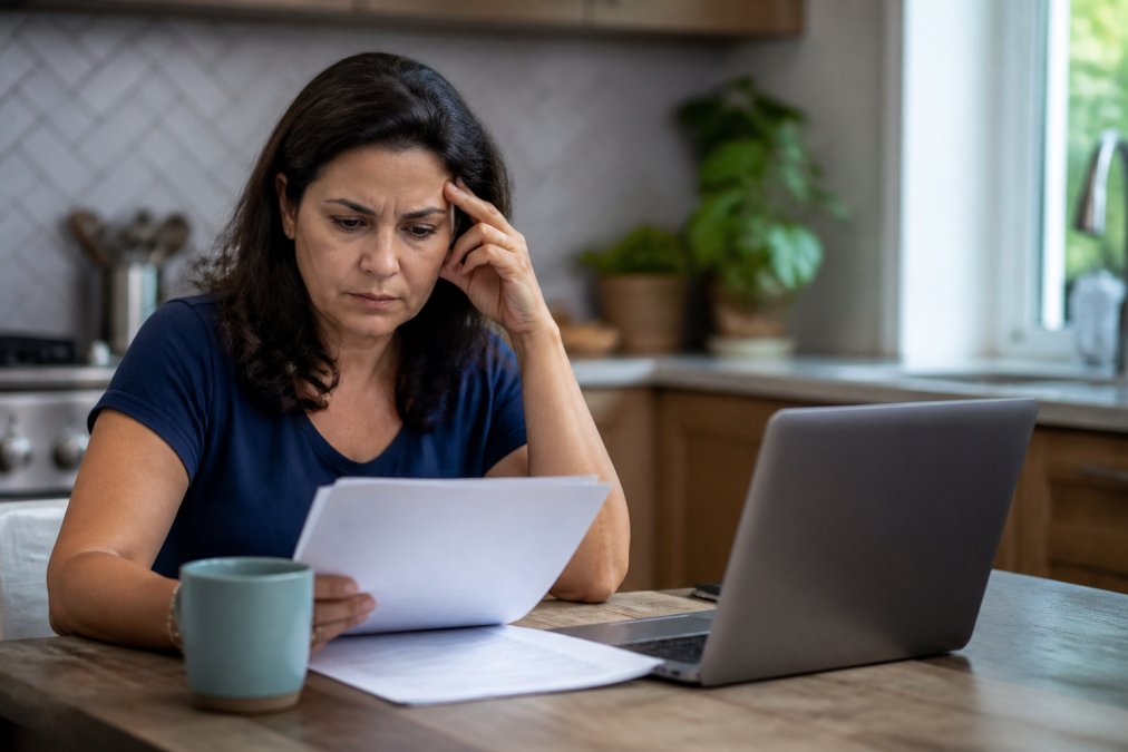A woman in her 40s sitting at a kitchen table reviewing lab results with a concerned expression, a laptop and coffee mug nearby, soft morning light