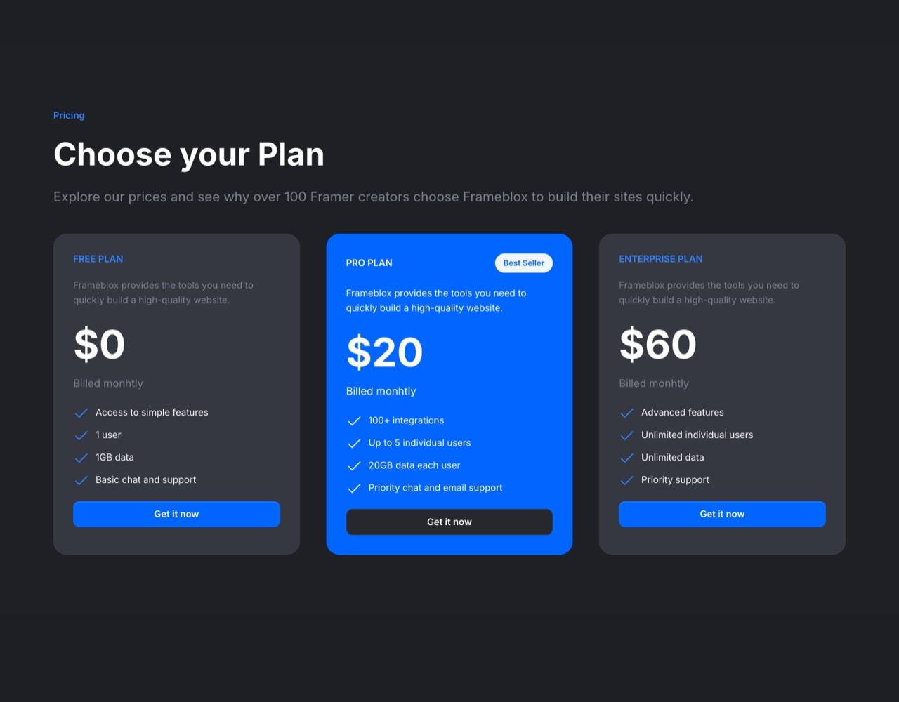 Framer Dark Pricing Section - Frameblox UI