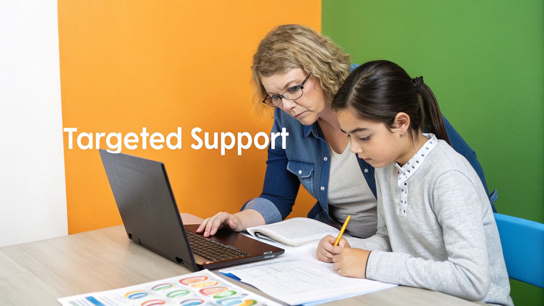 A professional guiding a child through a tablet-based assessment in a bright, modern room.