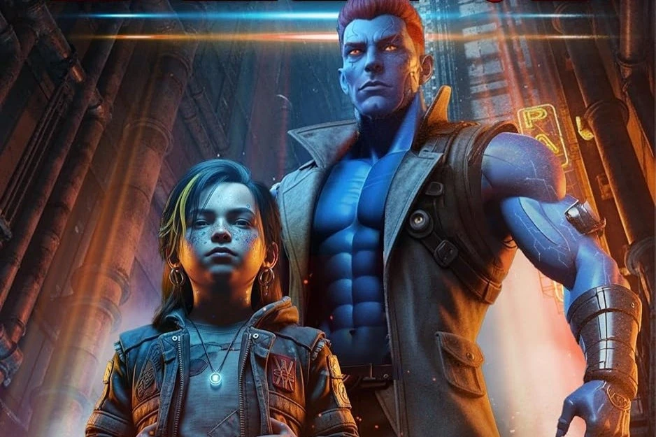 A young person with a jacket stands confidently next to a tall, muscular blue-skinned character in a futuristic cityscape, illuminated by neon lights.