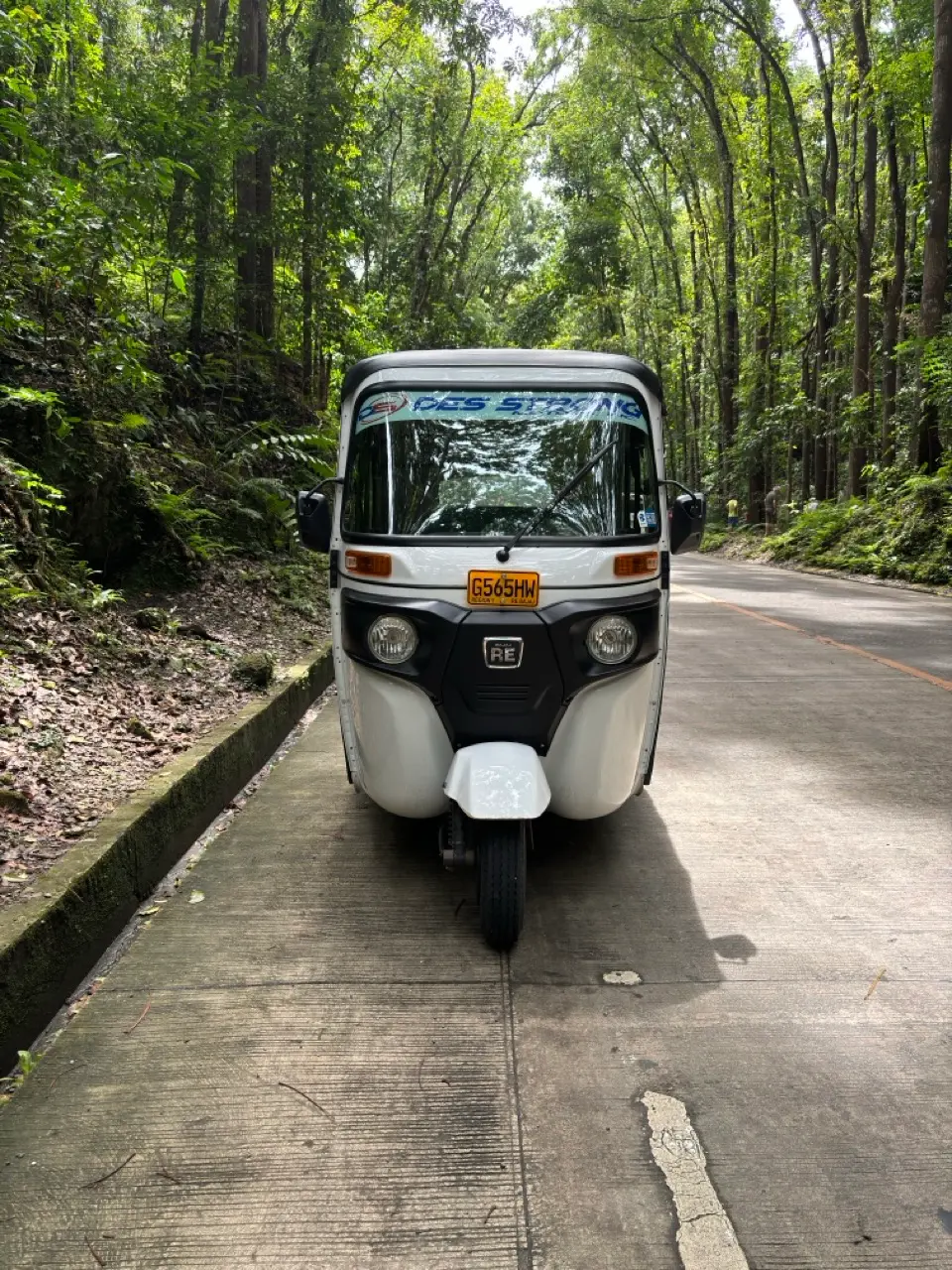 een tuk tuk op de weg in bebost gebied