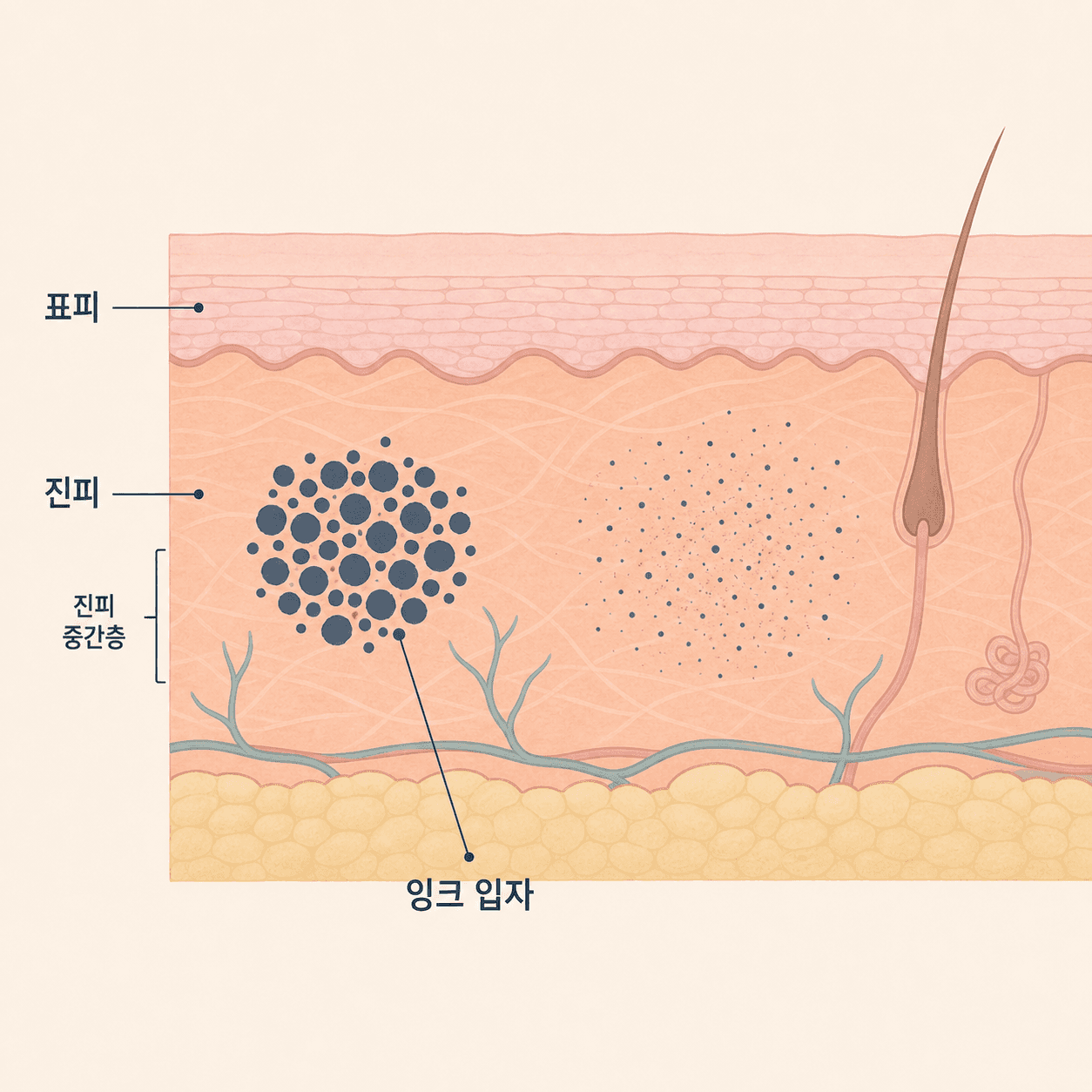 진피의 잉크가 잘게 부서지는 구조