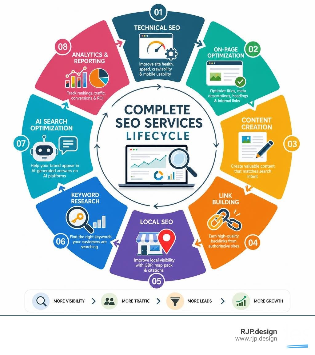 Complete SEO services lifecycle infographic showing technical SEO, on-page, content, link building, and reporting infographic