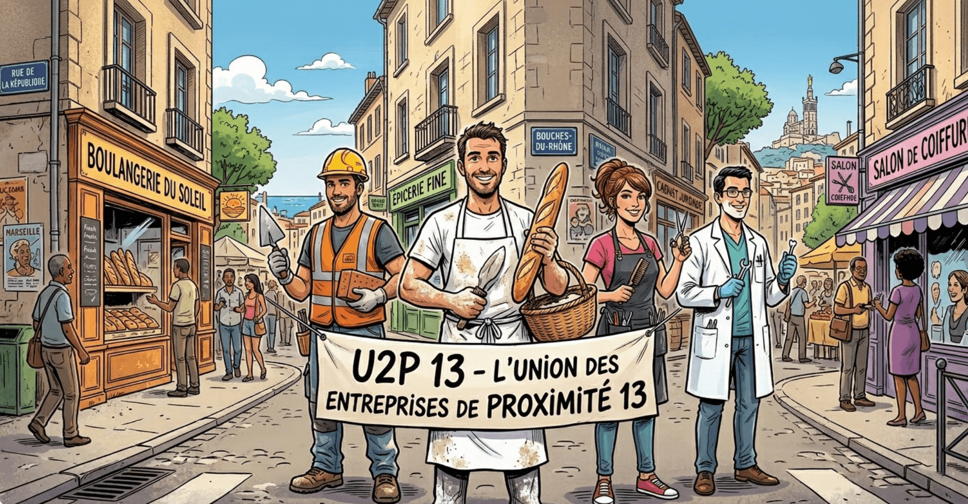Illustration de style bande dessinée montrant une rue commerçante de Marseille, avec quatre artisans et professionnels posant devant l’église Notre-Dame de la Garde. De gauche à droite : un maçon CAPEB, un boulanger, une coiffeuse CNAMS et un dentiste UNAPL. Au centre, une banderole arbore le logo "U2P 13 - L’UNION DES ENTREPRISES DE PROXIMITÉ 13". Des boutiques comme "BOULANGERIE DU SOLEIL" et "SALON DE COIFFURE" bordent la rue.