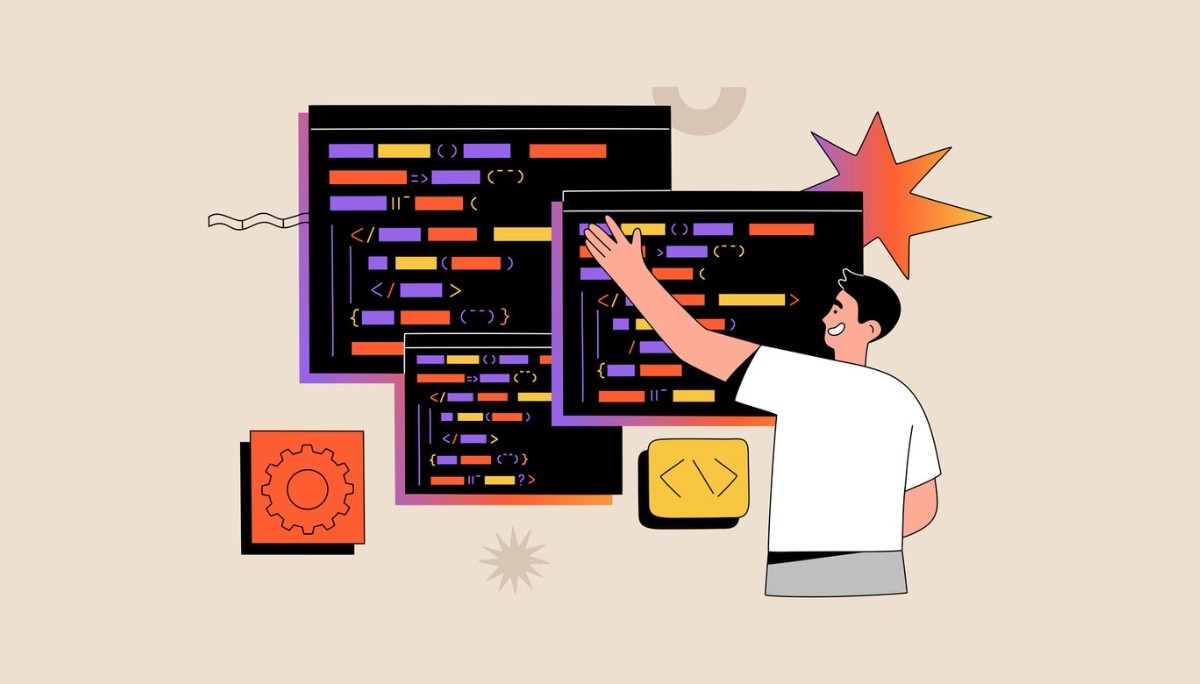 Illustration of a person interacting with multiple screens displaying colorful code symbols—representing the process of formatting, validating, and cleaning JSON data using online tools.