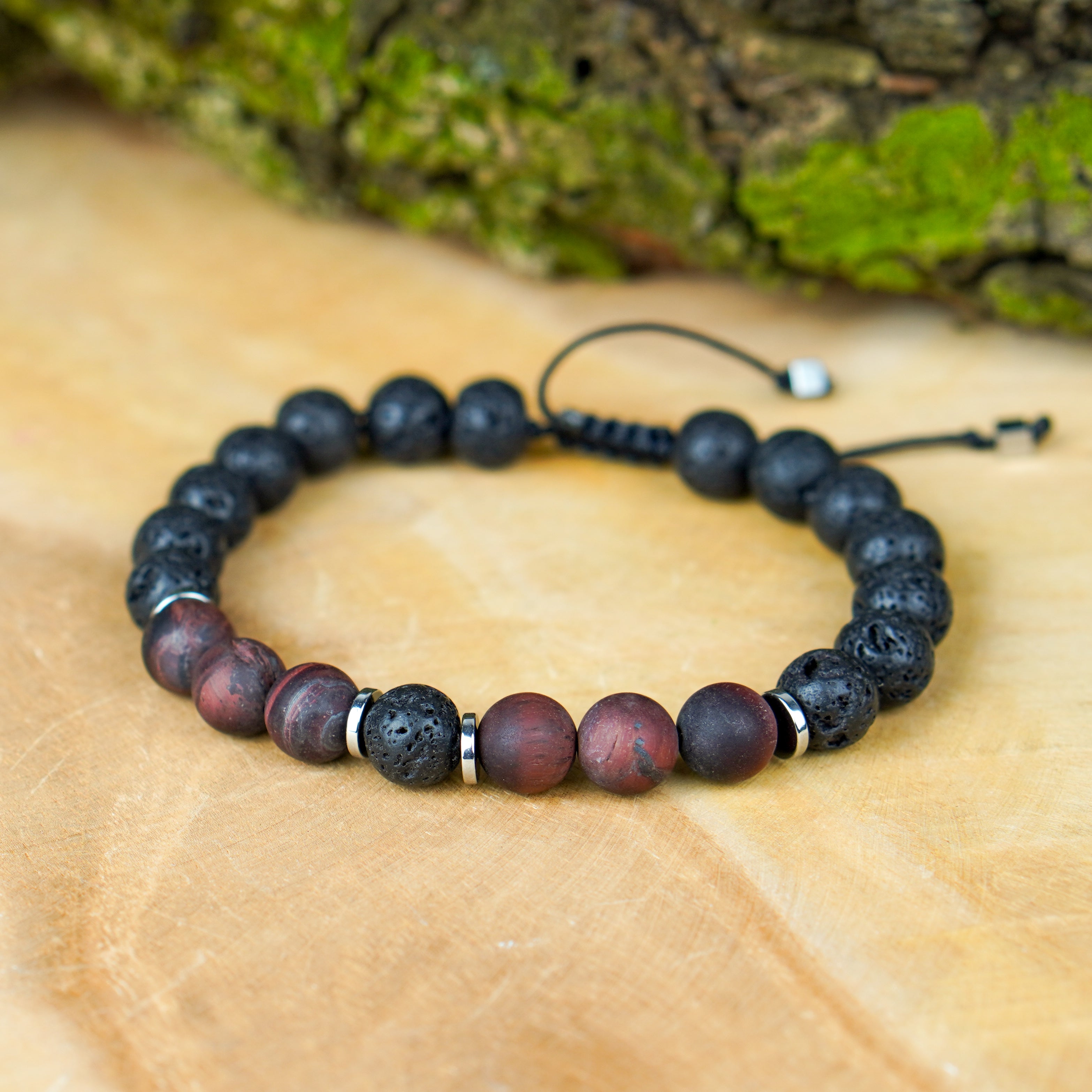 Bransoletka energetyczna dla mężczyzn – kamienie naturalne Bawole Oko, lawa i hematyt regulowana na sznurku