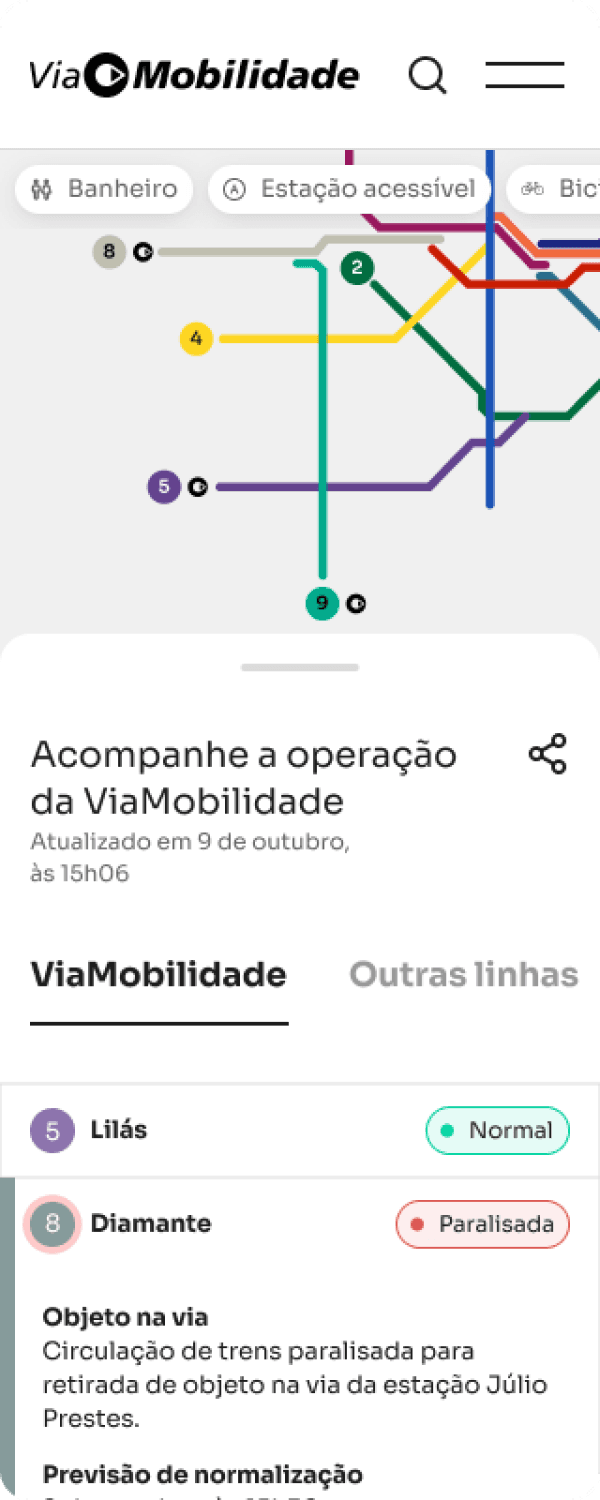 The image shows an interface of the ViaMobilidade app, which monitors the operation of metro and train lines. At the top, there is a map with several colored lines representing different routes. Below the map, there is an operational update dated October 9th, at 15:06. The 'ViaMobilidade' section indicates the status of the lines: Line 5 (Lilac) is operating normally, while Line 8 (Diamond) is halted due to an object on the track at Júlio Prestes station. The estimated time of normalization is 15:37.