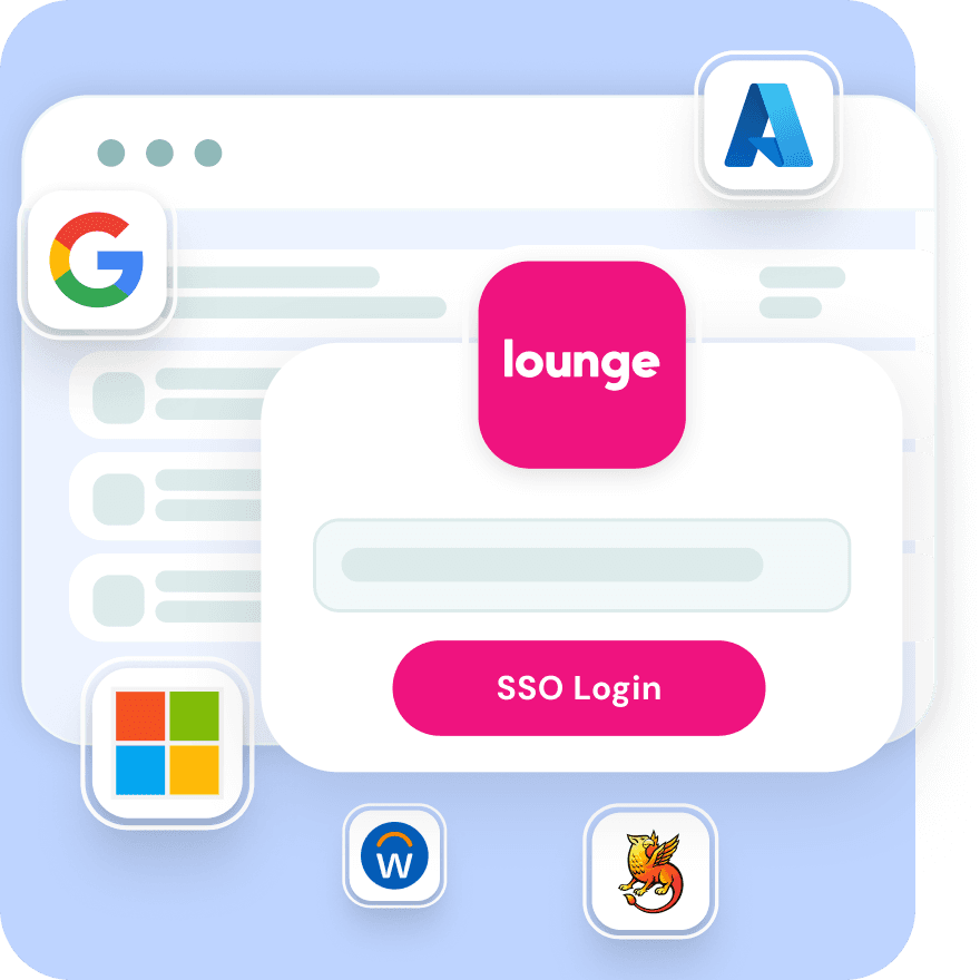 Lounge single sign-on interface integrated with Google, Microsoft, and campus systems like Workday