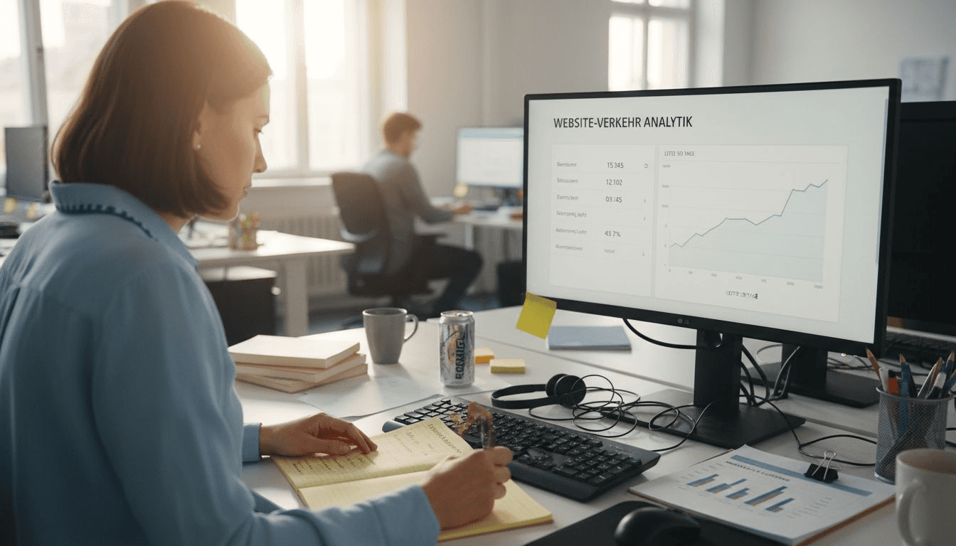 Ein Marketingexperte sitzt am Schreibtisch und wirft einen detaillierten Blick auf die aktuellen Besucherzahlen der Unternehmenswebsite.