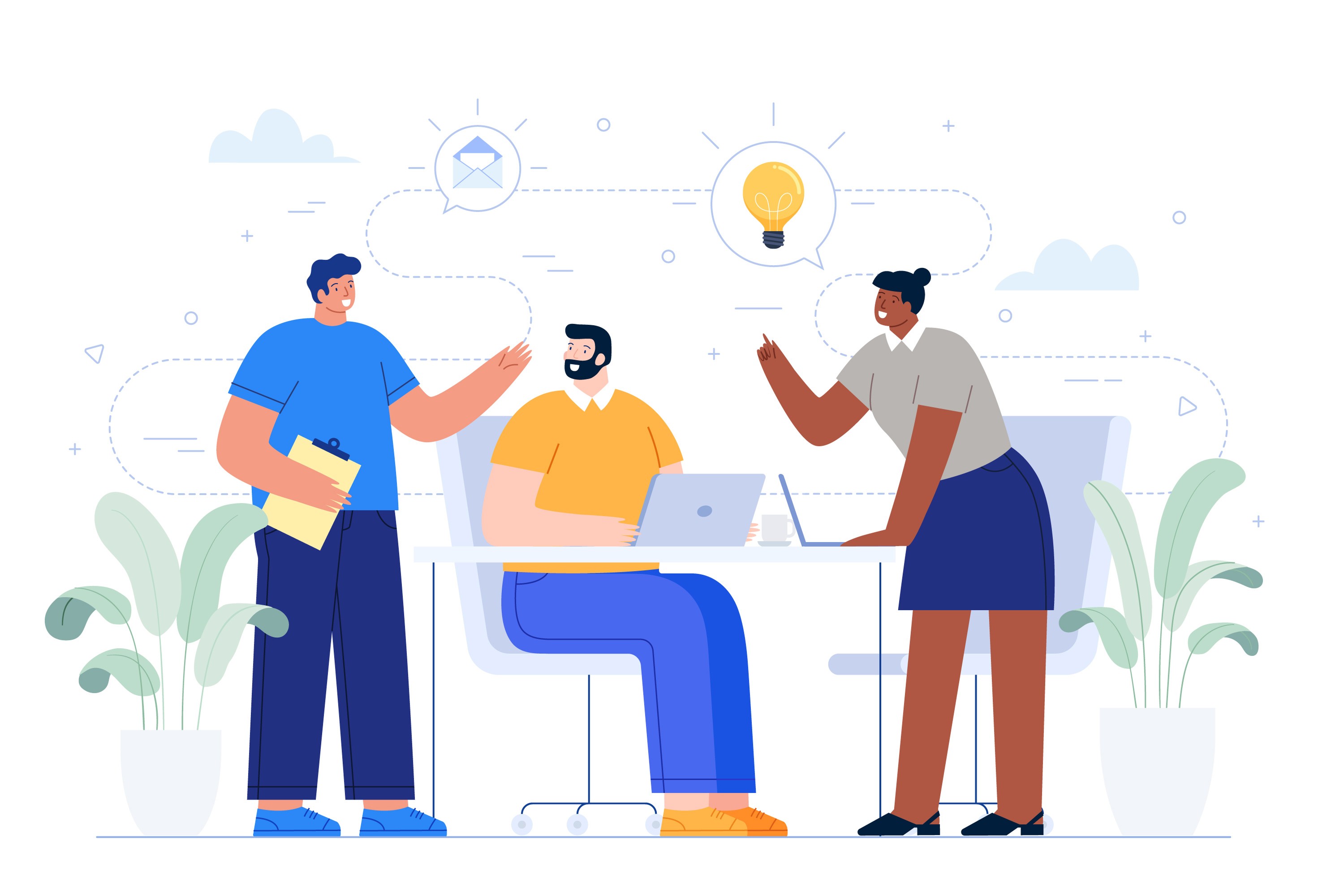 How to build a B2B demand generation plan — illustration of marketers in a planning meeting mapping campaign ideas, channels, and strategy components.