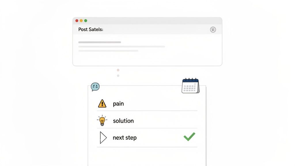A digital interface illustrating a meeting follow-up process with icons for pain, solution, and next steps.
