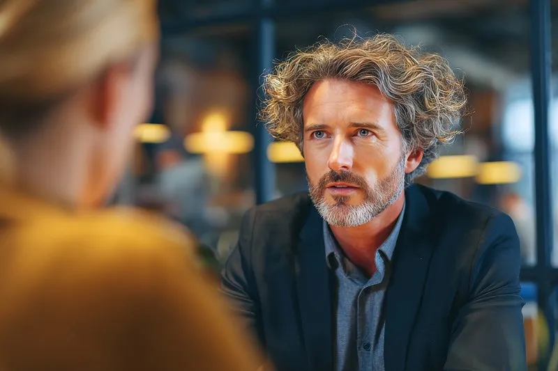 Man with curly gray hair and beard looks intently during a conversation.