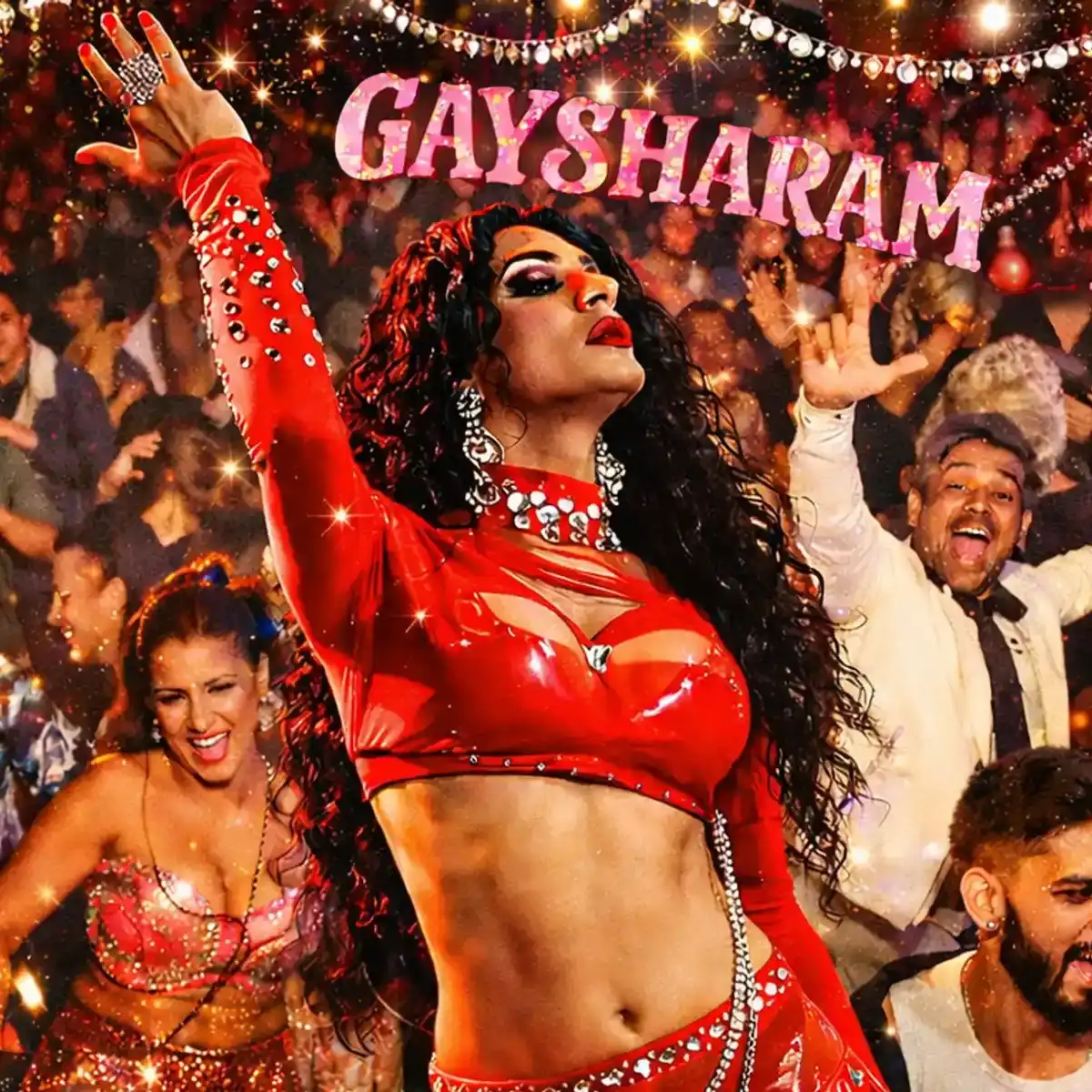 A drag performer in a shiny red outfit poses with one arm raised on a crowded dance floor. People around them are dancing and cheering. The word "GAYSHARAM" appears in bold pink letters above.