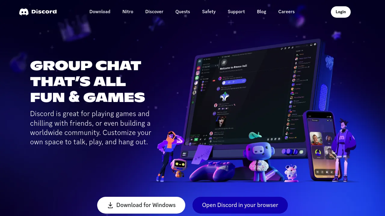 Screenshot of the Discord website showing communication platform features for communities