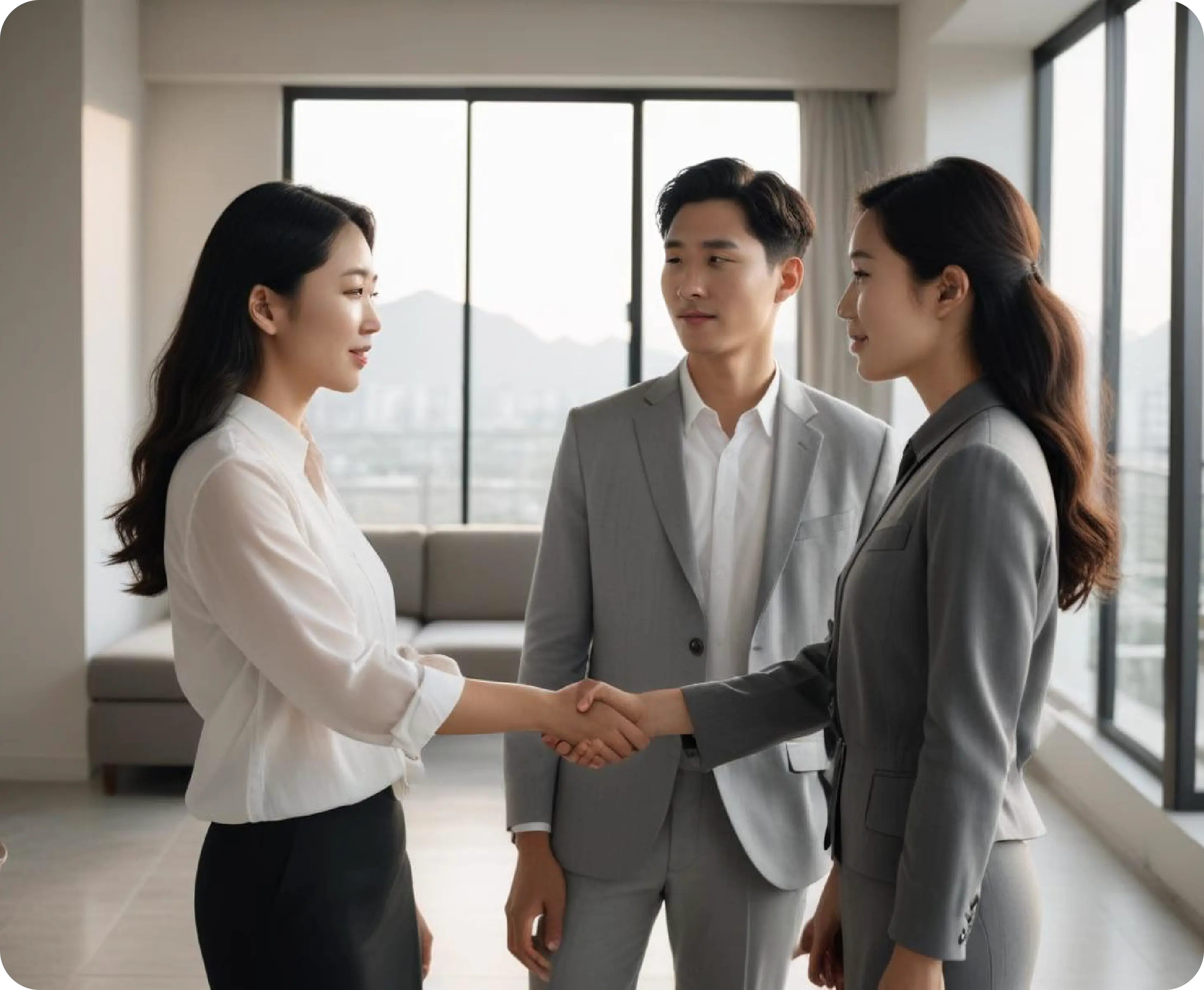 Two youngh asian women shacking hand, man standing behind