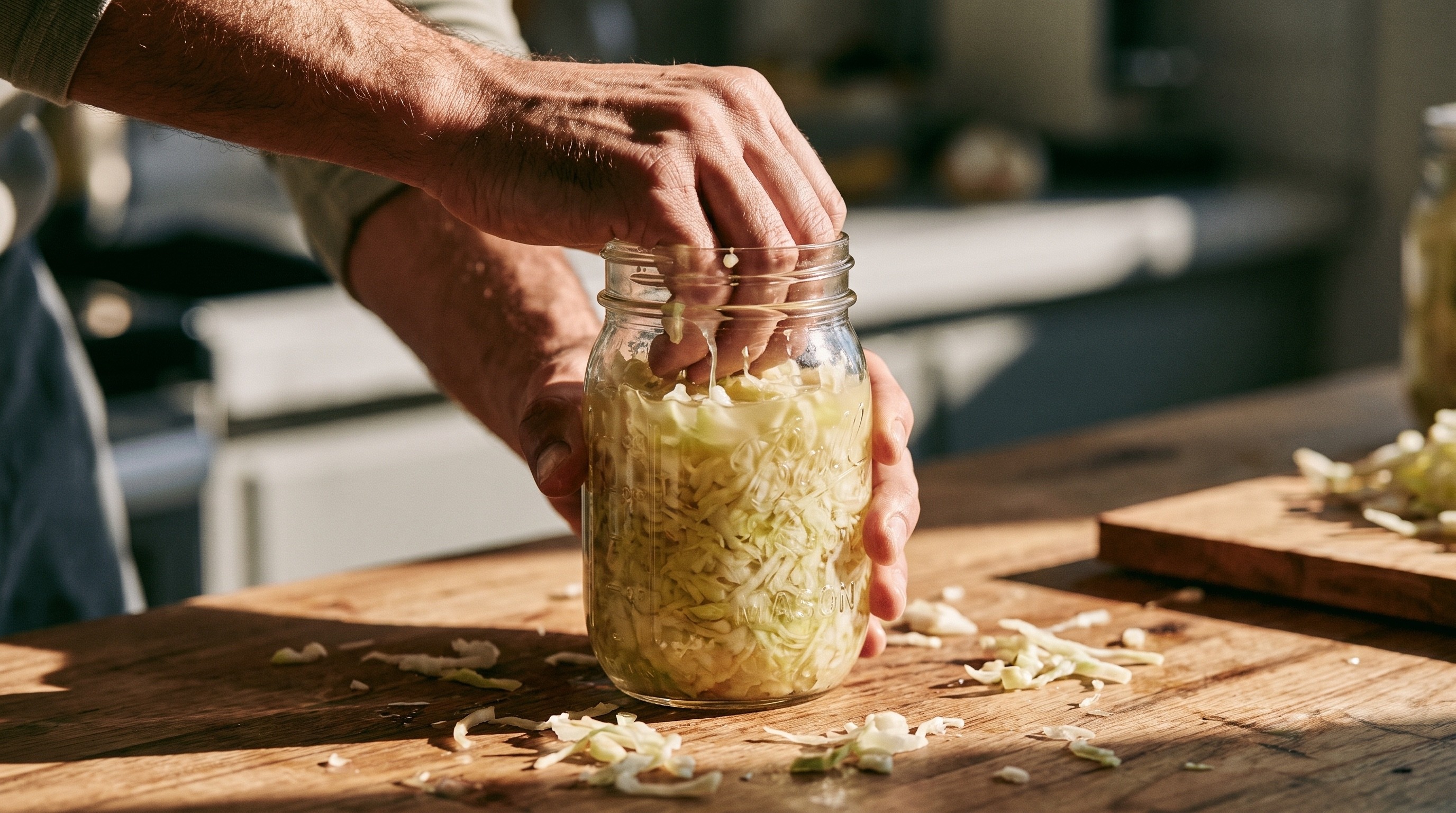 Hände füllen frisch fermentiertes Sauerkraut in ein Einmachglas