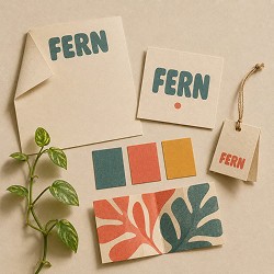 Stationery branding set for "FERN" including letterhead, business cards, color swatches, and tag, with botanical leaf design and neutral background.