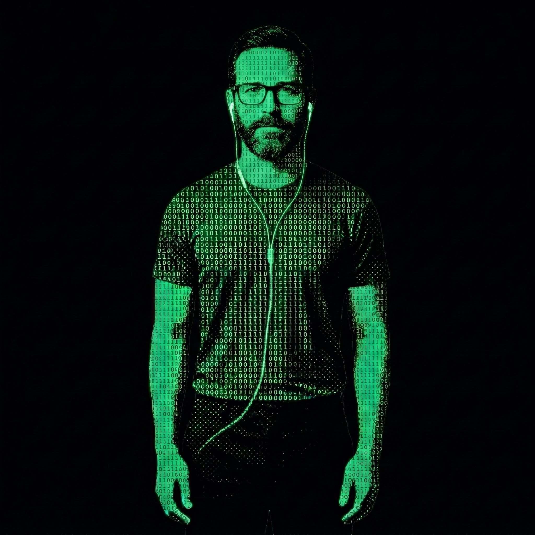 a man with a full beard, glasses, and wired earphones.