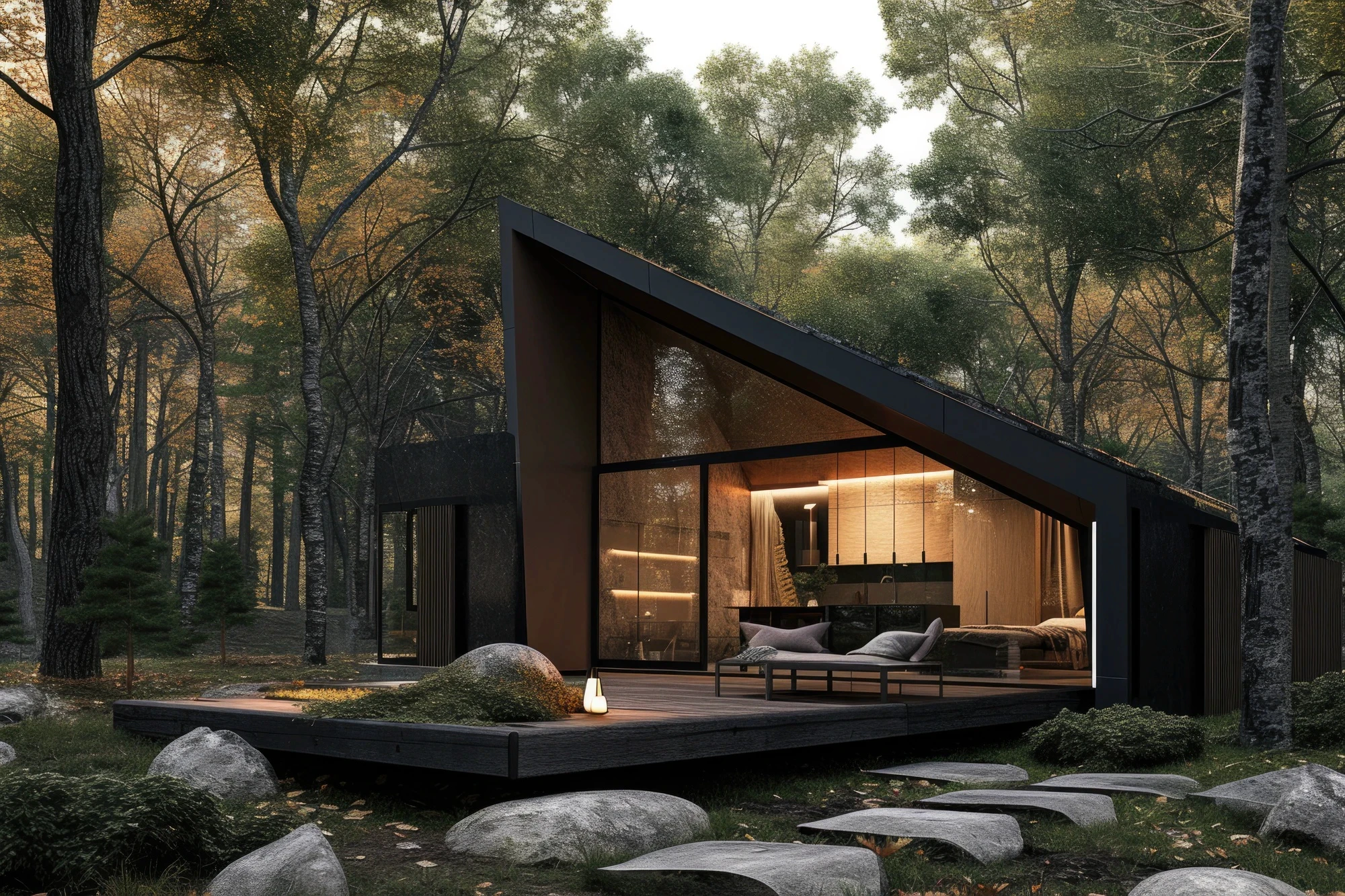 Modernt hus i skogen med altan. 