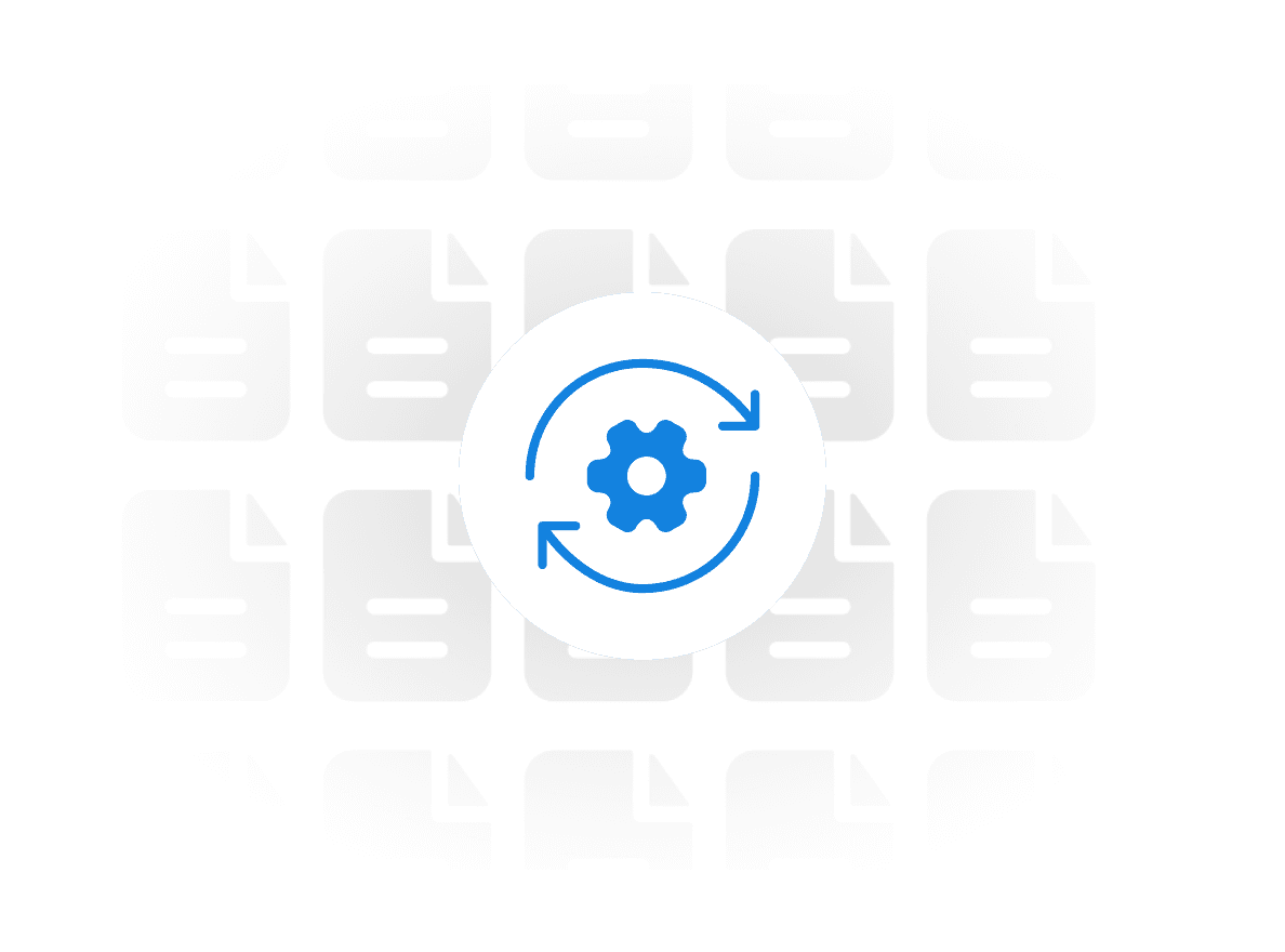 Icon of a gear with circular arrows over stacked documents, symbolizing automated workflows.