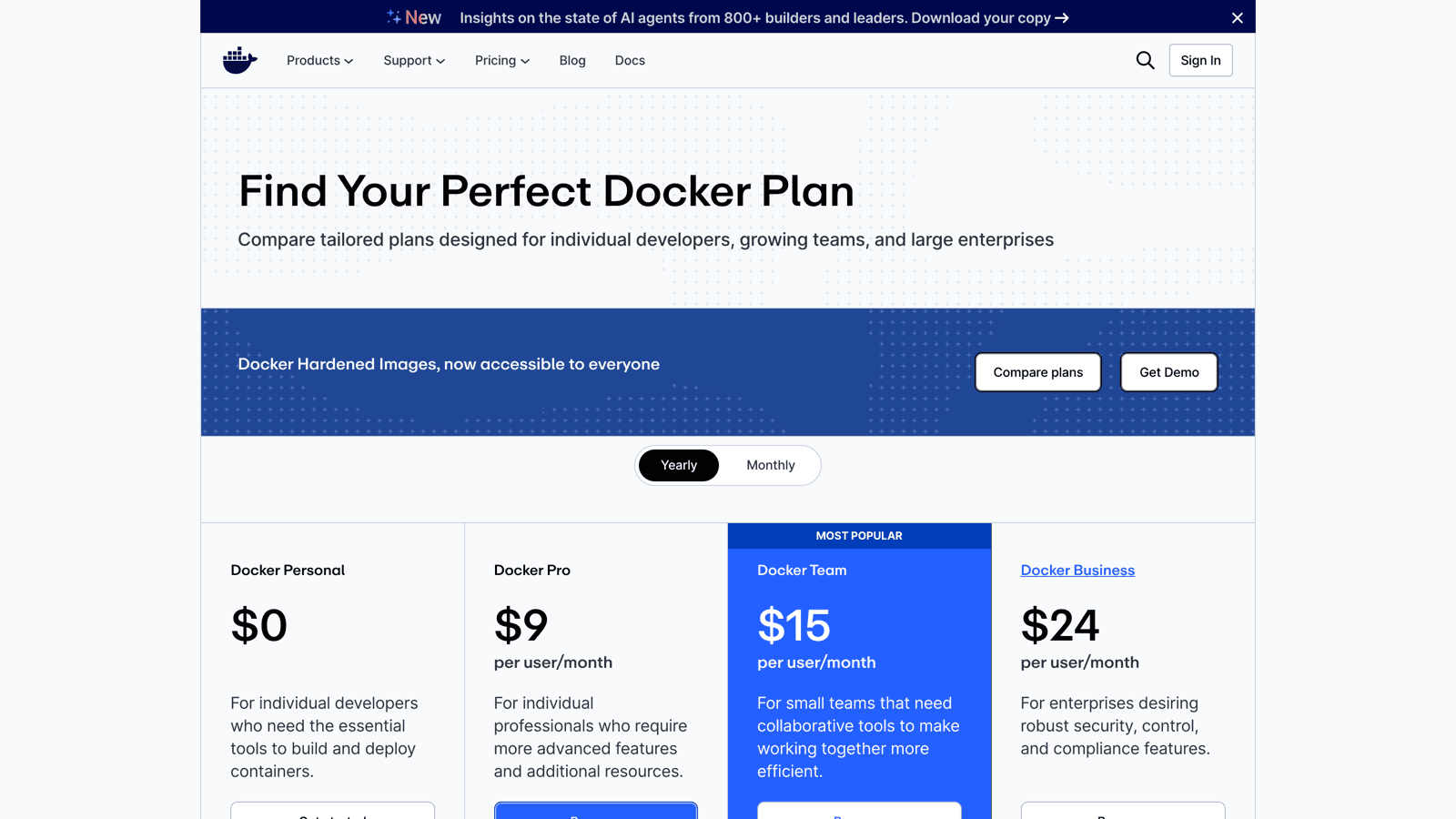 Docker pricing page showing Personal free, Pro $9, Team $15, and Business $24 plans