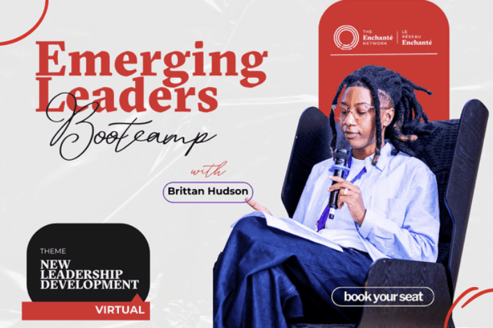 A person with dreadlocks sits in a chair, holding a microphone. Text on the image reads "Emerging Leaders."