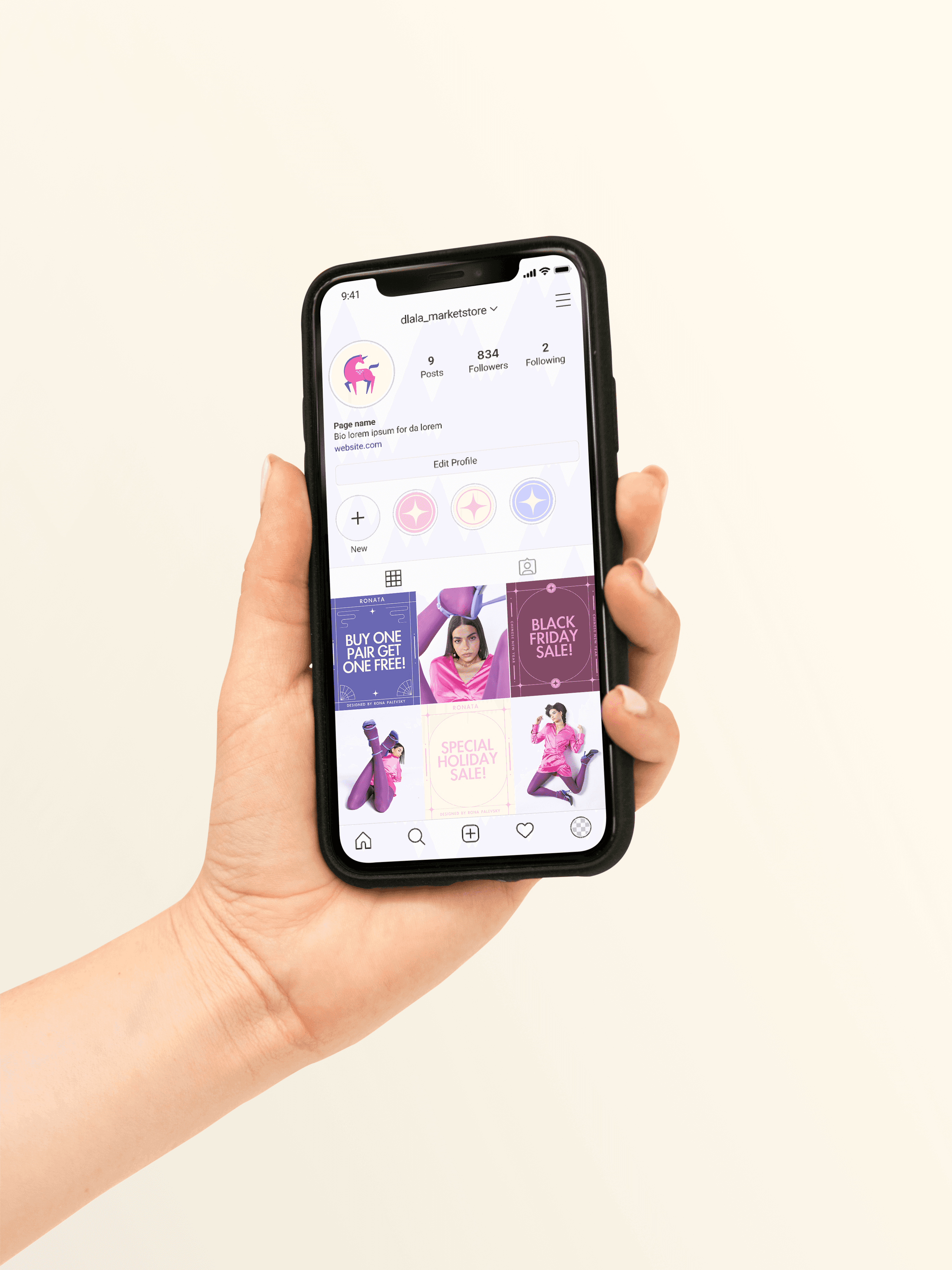 A hand holding a mobile device showcasing the brand's IG page