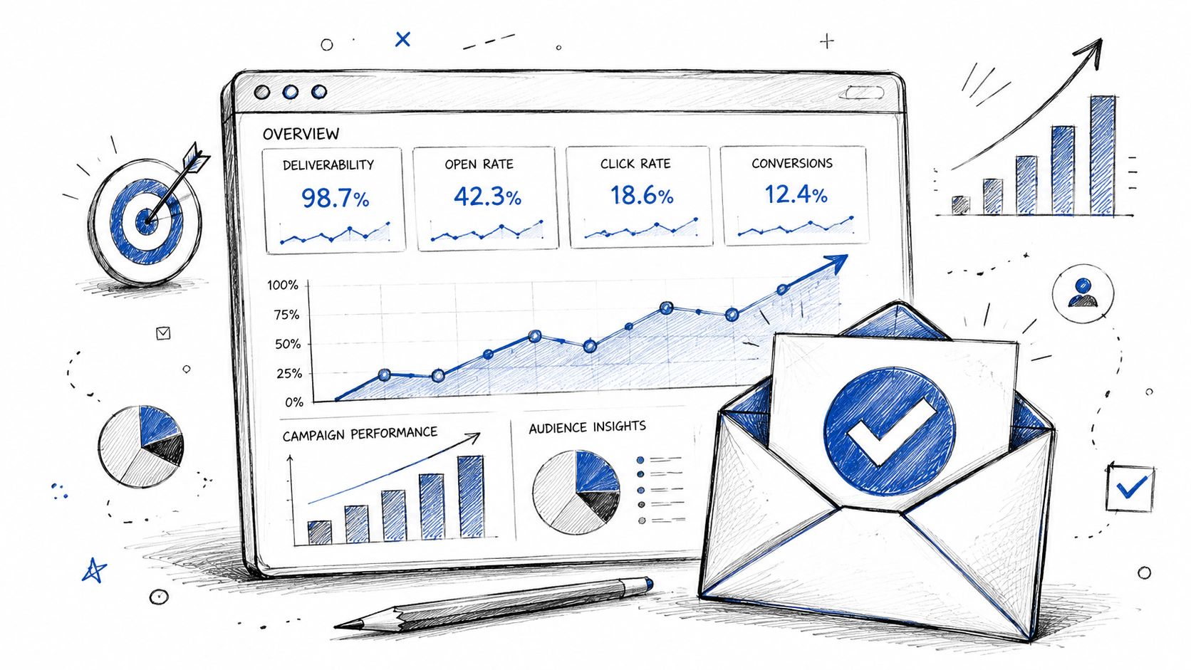 A digital marketing dashboard showing email campaign performance metrics like deliverability, open rate, click rate, and conversions.