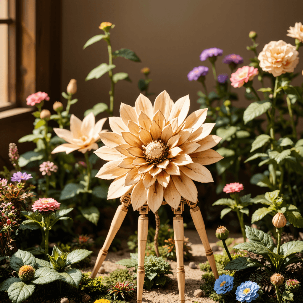 product photography of a mechanical model of a flower with robotic legs, used for artistic display or educational purposes