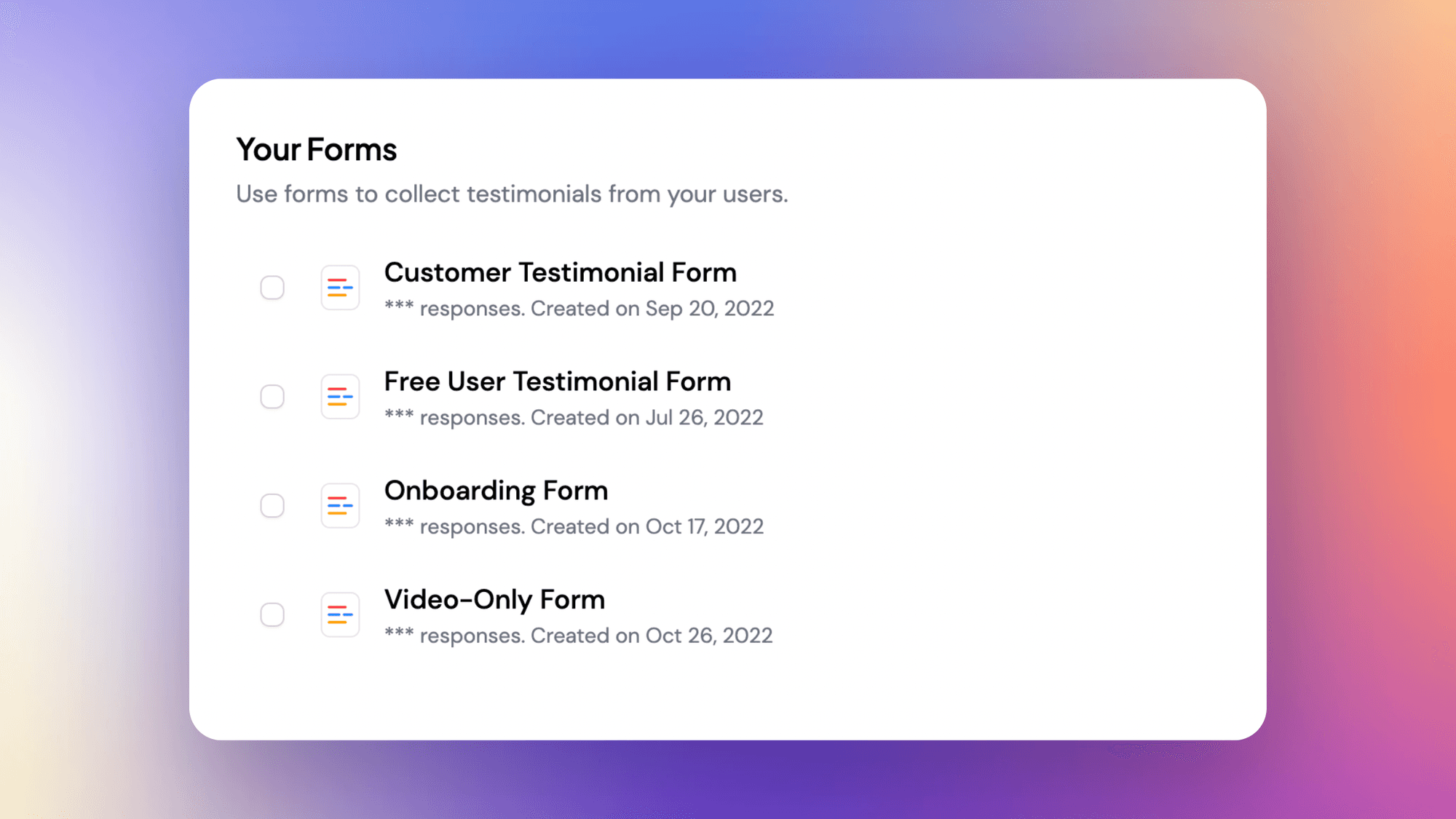 4 Testimonial collection forms highlighting different use-cases