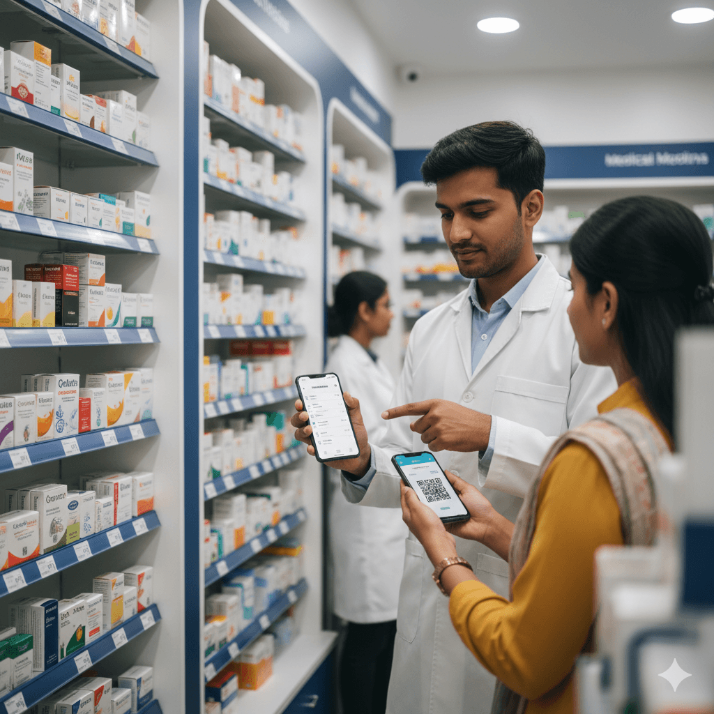 Indian pharmacist showing mobile billing on a smartphone to a customer inside a modern pharmacy aisle, demonstrating digital payment and QR-based billing.