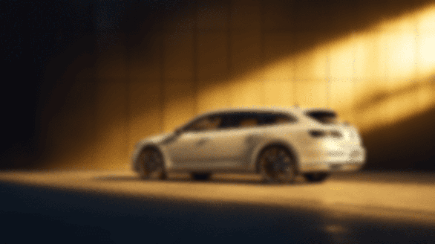 Ein weißer, von Sonnenlicht angestrahlter VW Arteon steht geparkt. Modernes Fahrzeugdesign und aerodynamische Formgebung werden deutlich.