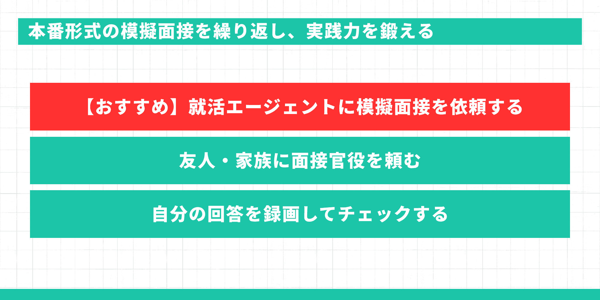 本番形式の模擬面接を繰り返し実践力を鍛える方法:エージェントに依頼、友人・家族に頼む、録画してチェック