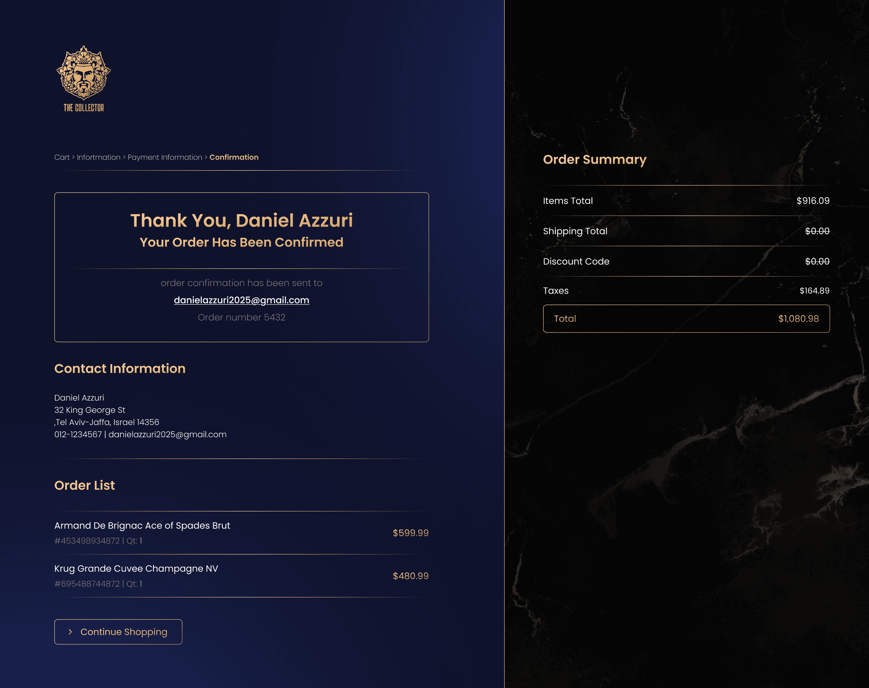 Luxury ecommerce order confirmation page featuring premium champagne purchases with elegant navy and gold branding.